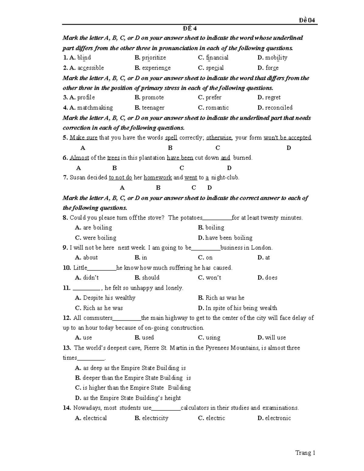 Đề luyện Thi Thptqg - ĐỀ 4 - ĐỀ 4 Mark the letter A, B, C, or D on your ...