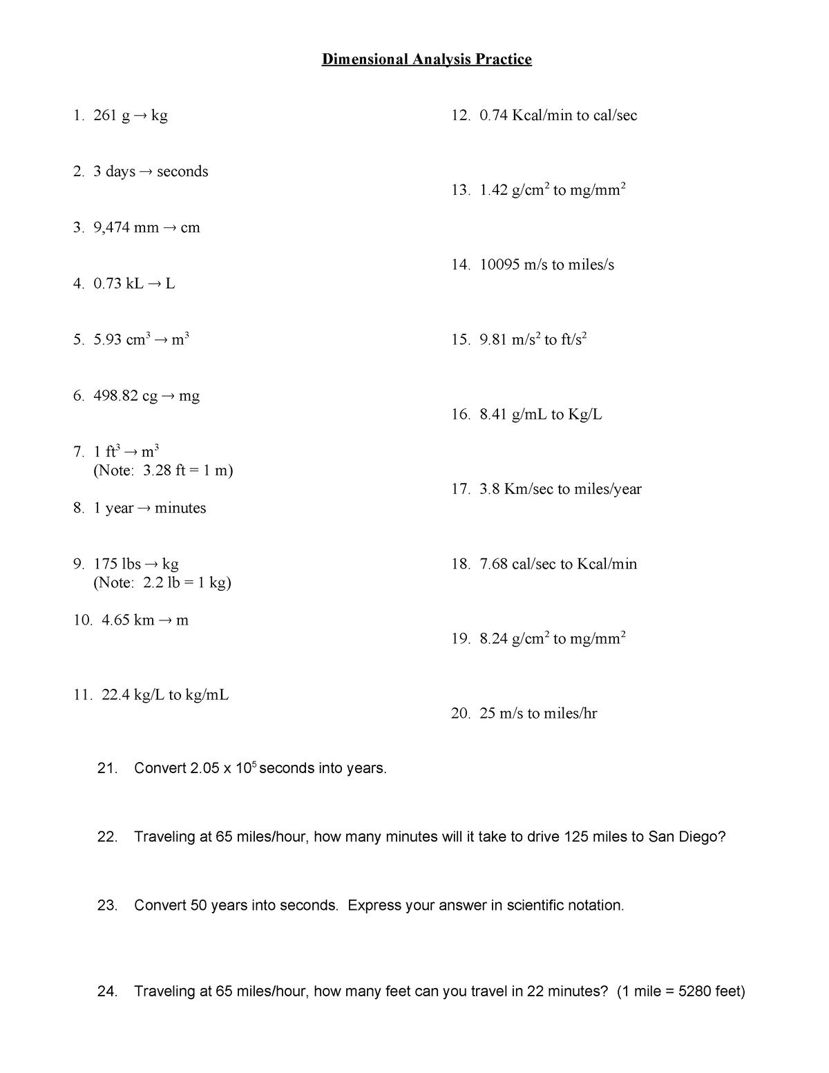 Dimensional analysis worksheet 2 - Dimensional Analysis Practice 1. 261 ...