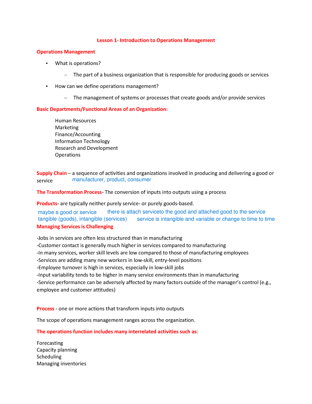 Lesson 1 Operations Management - Lesson 1- Introduction to Operations ...