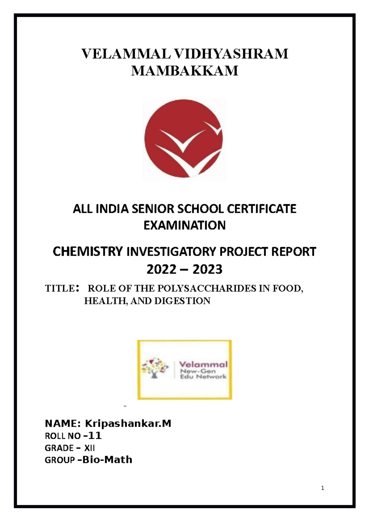 Chemistry Assignment - VELAMMAL VIDHYASHRAM MAMBAKKAM ALL INDIA SENIOR ...