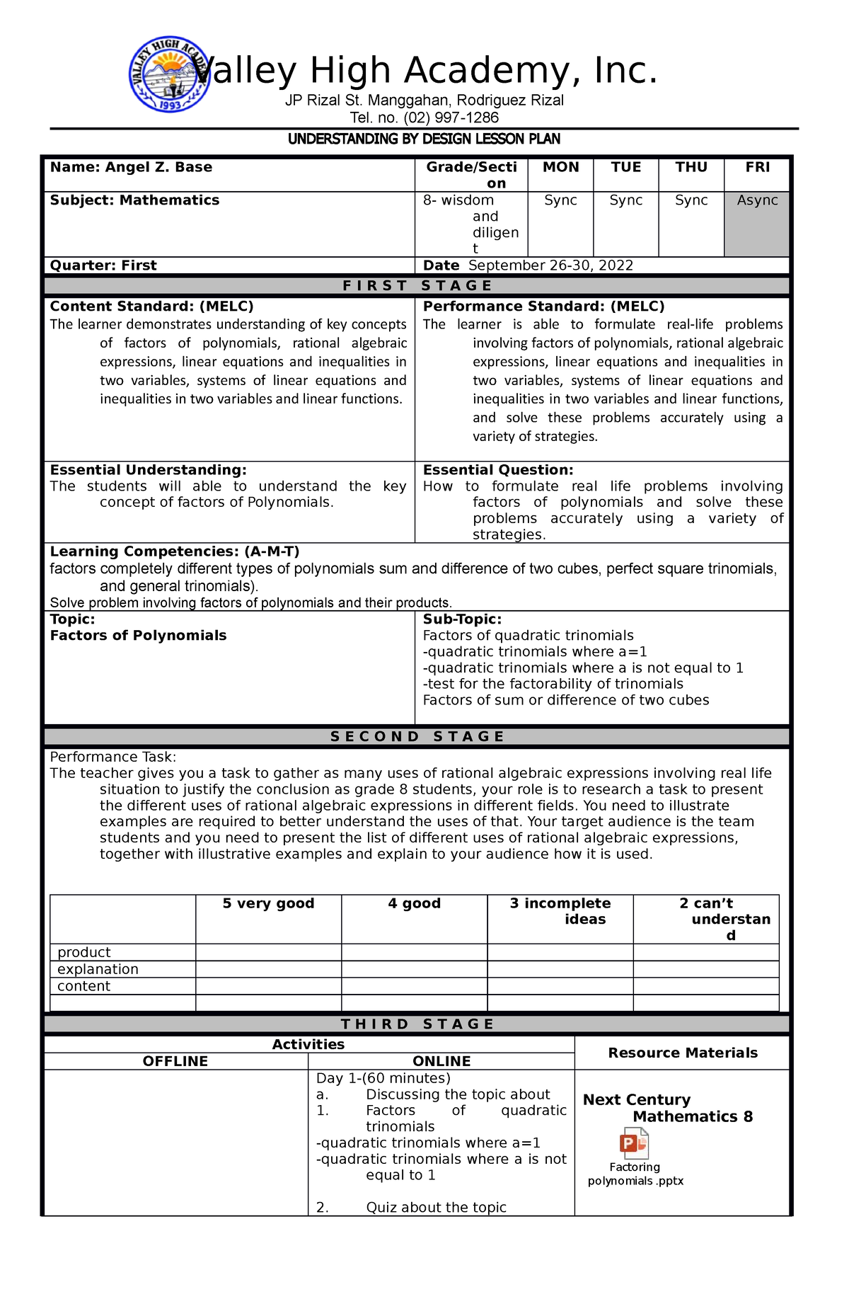 LP-math 8 sept. 26-30 - Lesson plan - Valley High Academy, Inc. JP ...