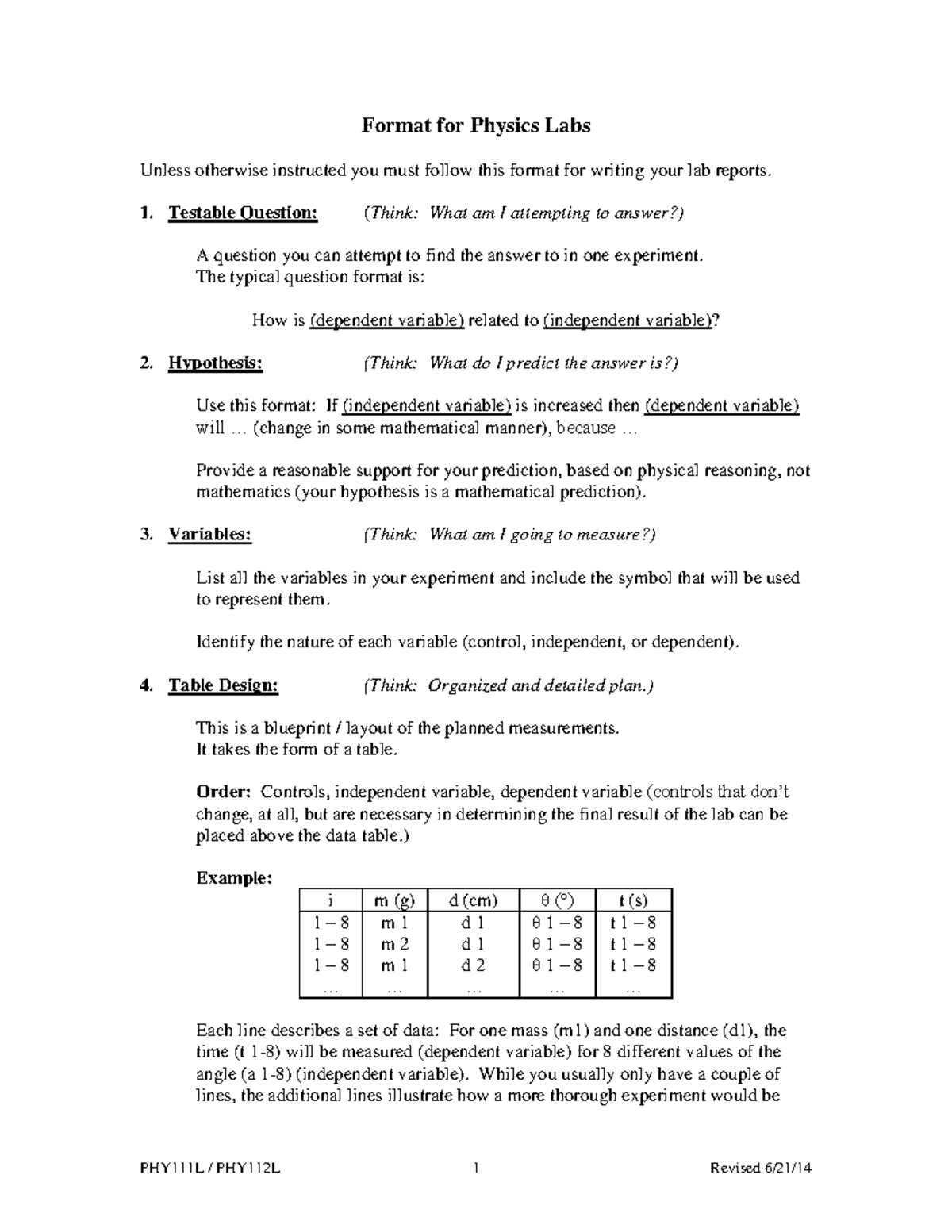 Lab Report Format Physics 111 - Format for Physics Labs Unless ...