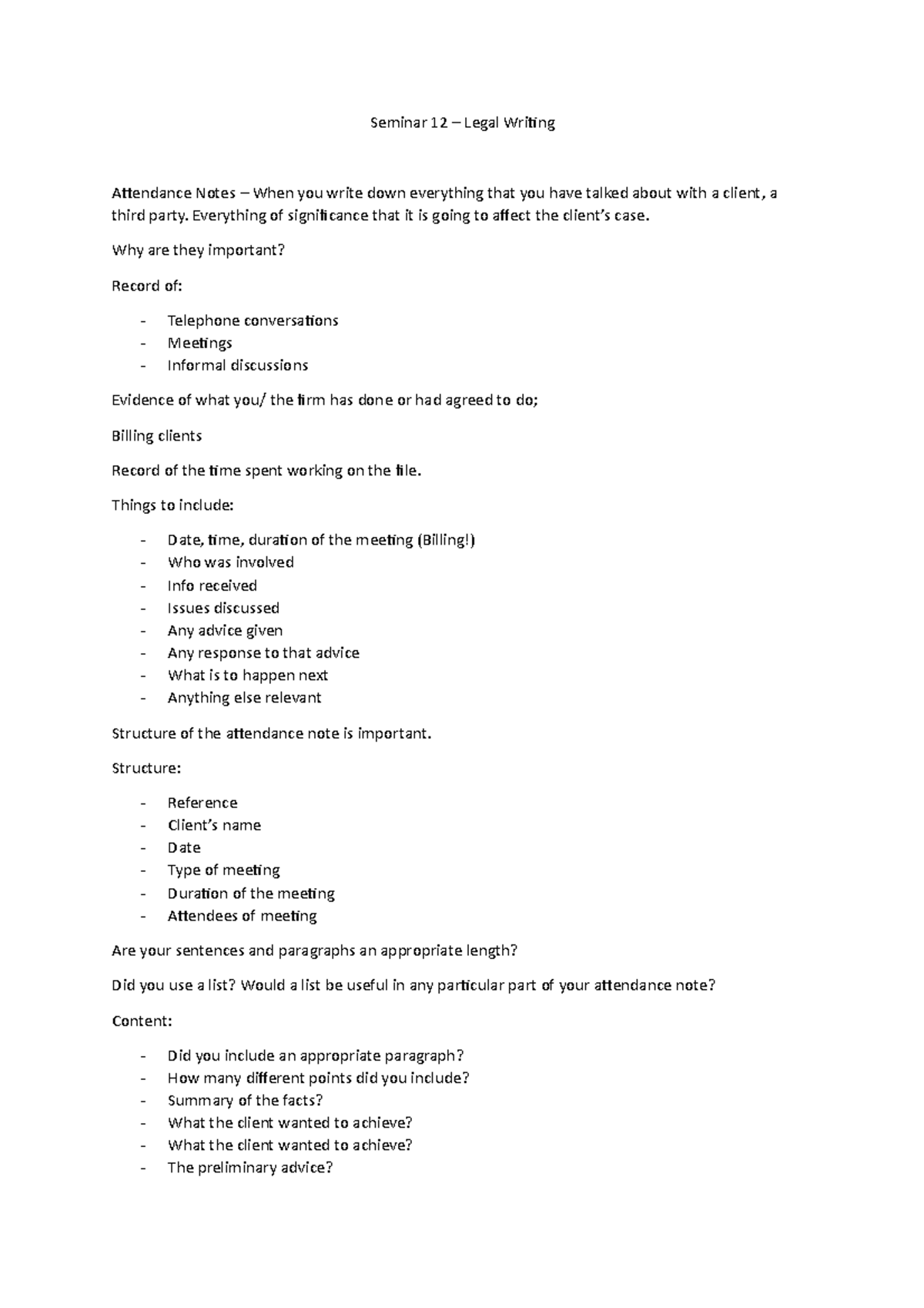 Seminar 12 - Seminar 12 – Legal Wriing Atendance Notes – When you write ...