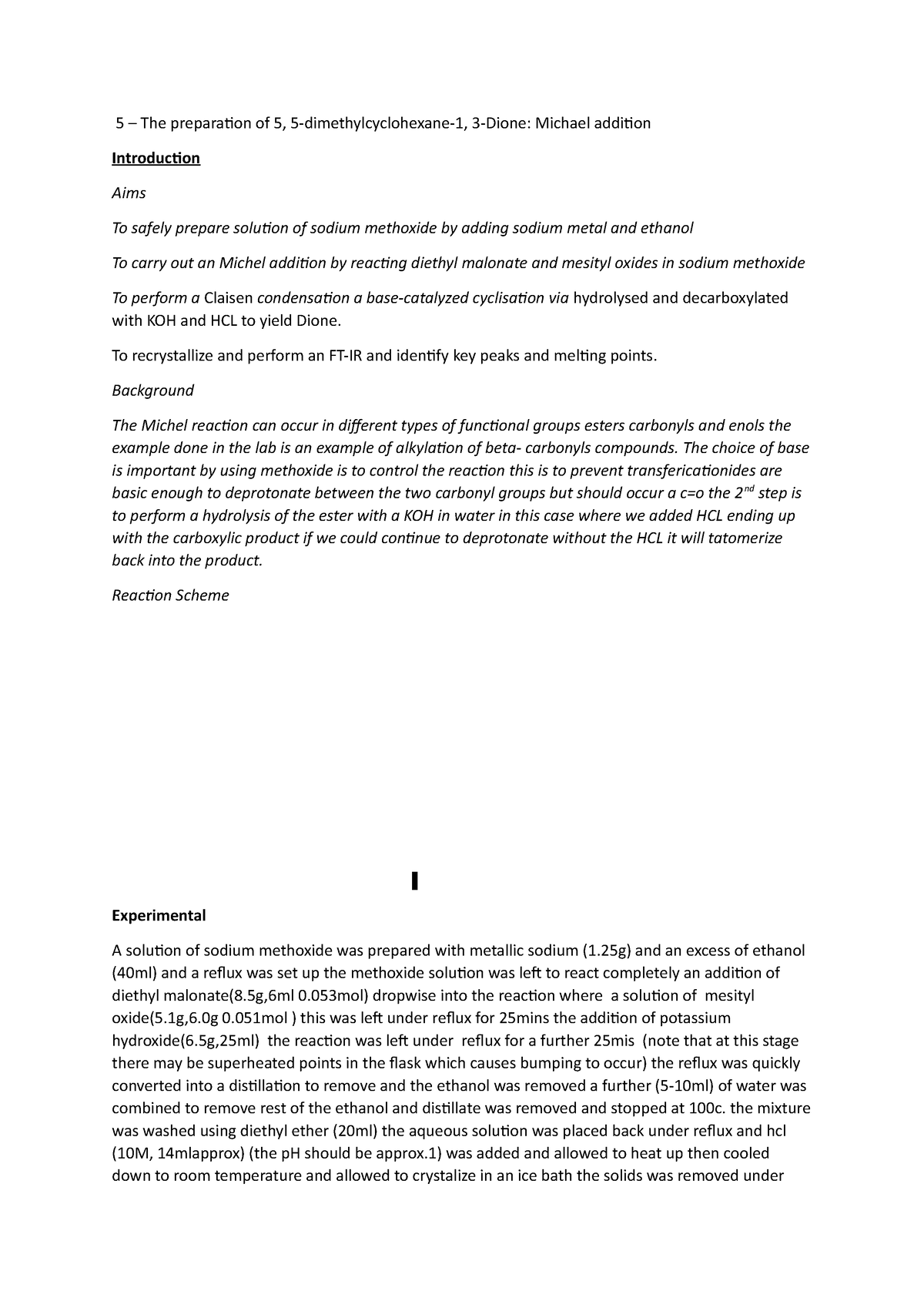 Lab report 8 - 5 – The preparation of 5, 5-dimethylcyclohexane-1, 3 ...