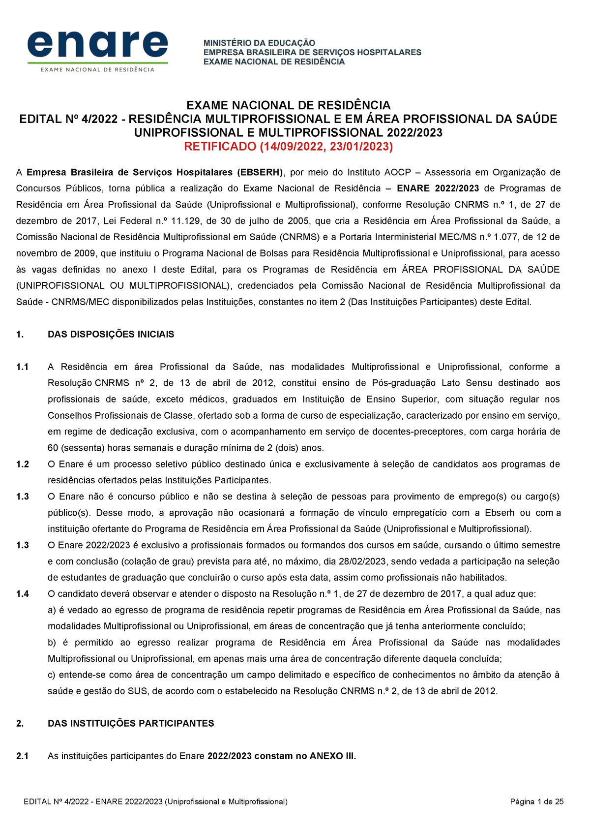 enare edital abertura EXAME NACIONAL DE RESIDÊNCIA EDITAL Nº 4/2022