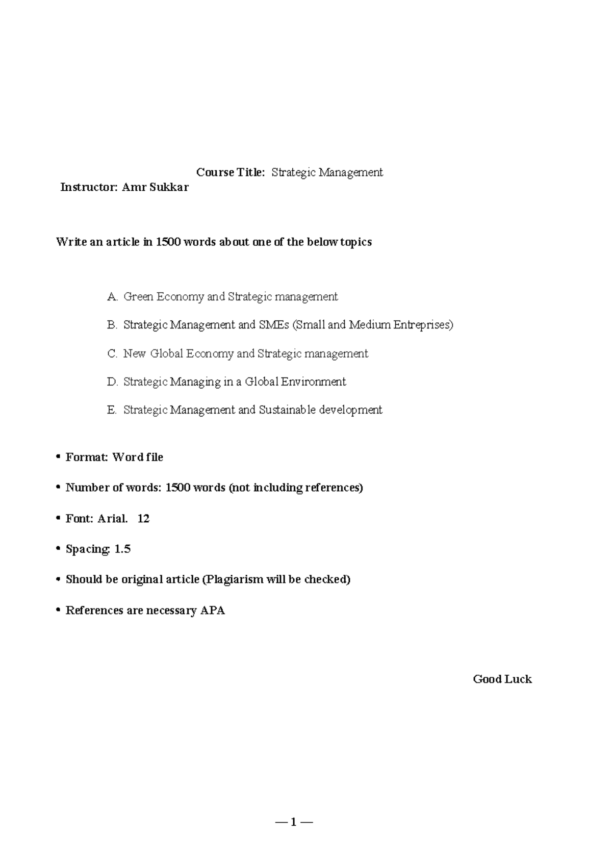 Strategic management - dfd - — 1 — Midterm Exam Total Mark ( 30 points ...