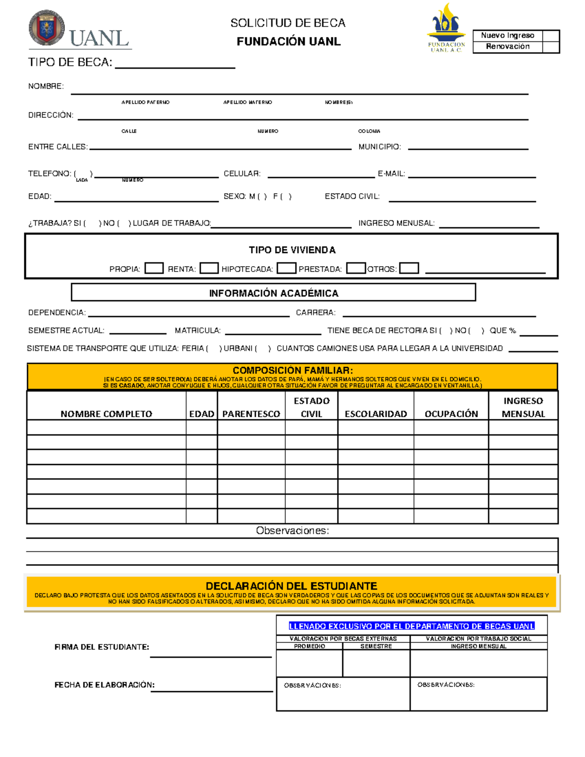 Solicitud beca fundacion uanl - SOLICITUD DE BECA TIPO DE BECA: NOMBRE ...