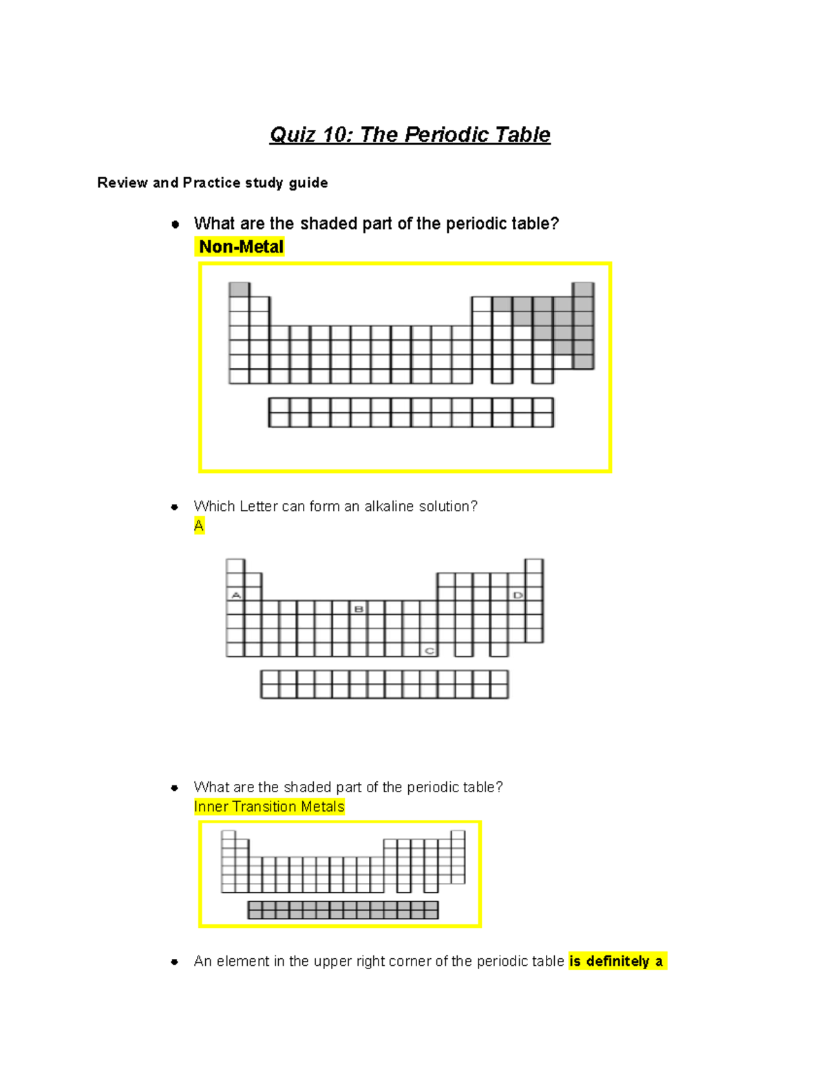 Quiz 10 The Periodic Table Quiz 10 The Periodic Table Review and