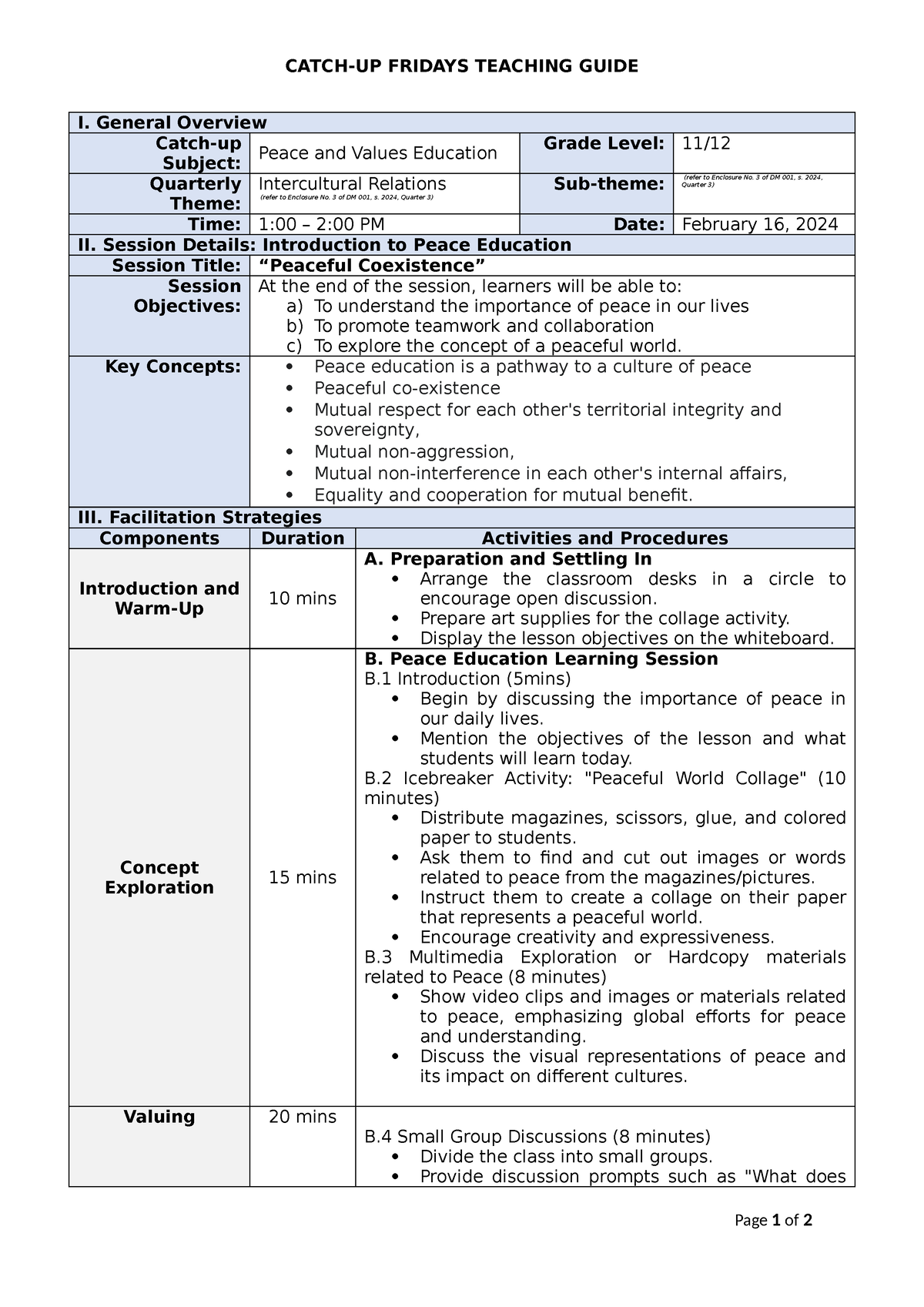 SHS Peace and Values Education - CATCH-UP FRIDAYS TEACHING GUIDE I ...