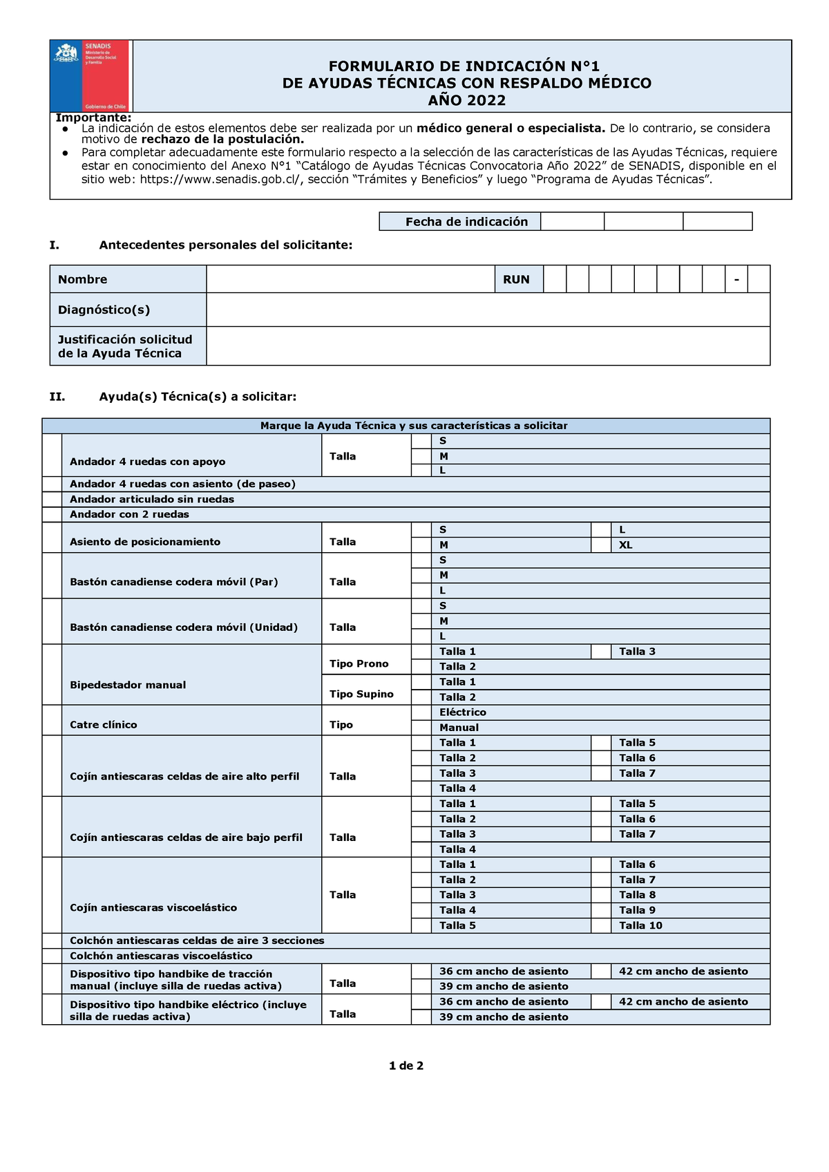 Formulario De Indicación N°1 De Ayudas Técnicas Con Respaldo Médico Año ...