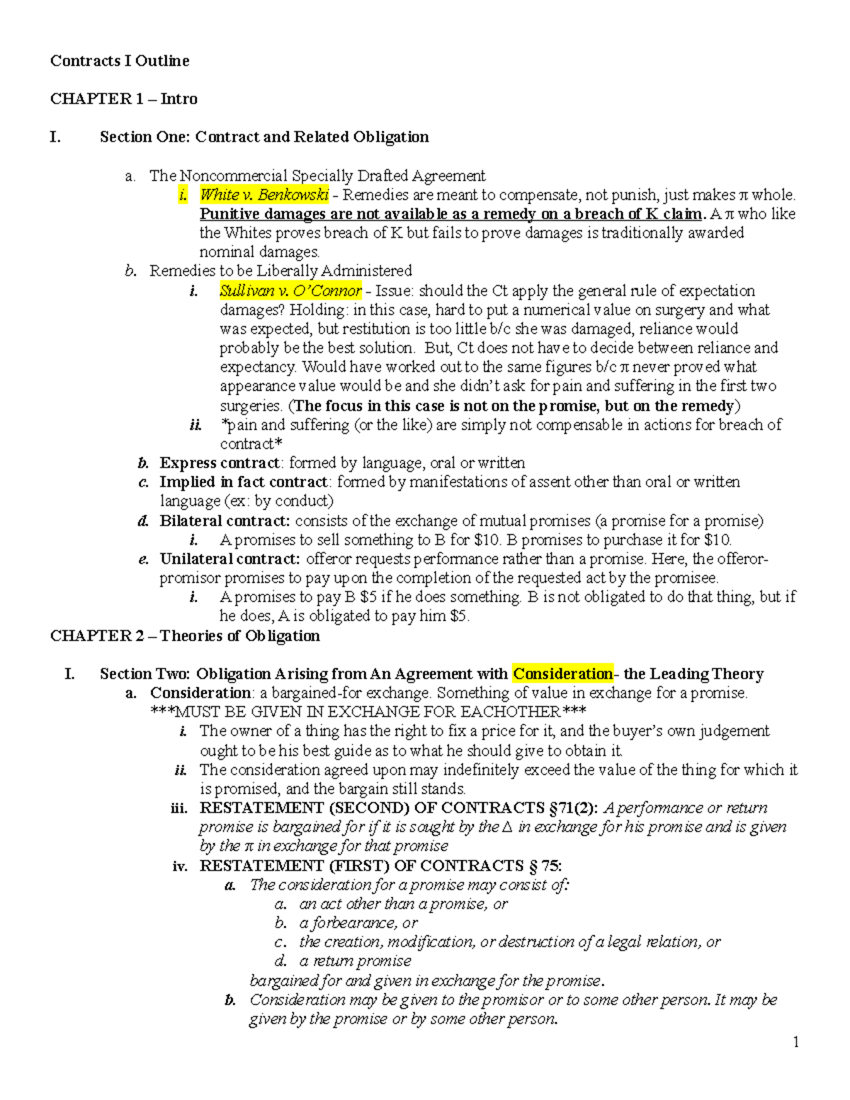 Contracts I Outline - Contracts I Outline CHAPTER 1 – Intro I. Section ...