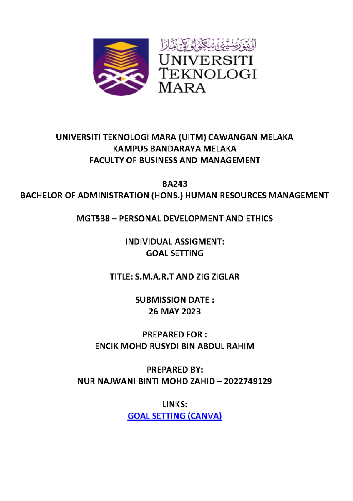 GOAL Setting Assignment 1 ( Individual) - UNIVERSITI TEKNOLOGI MARA ...