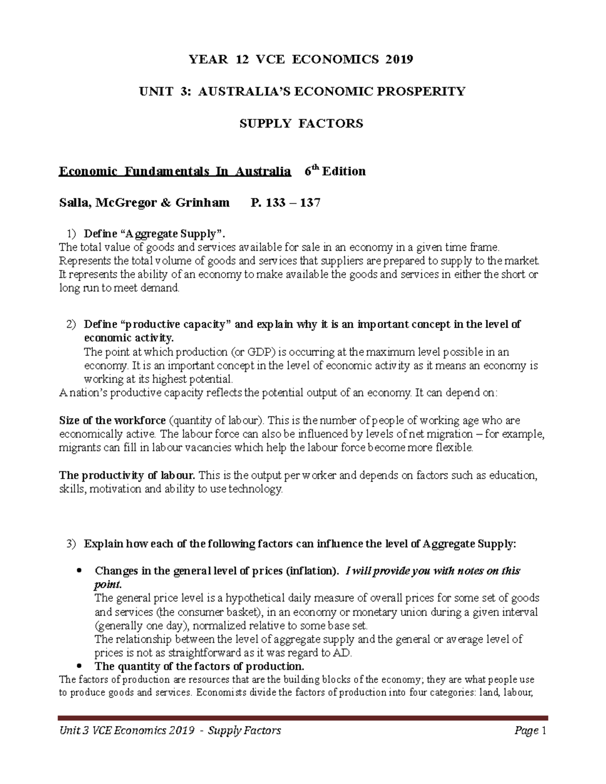 Topic Outline No 3 - Supply Factors - YEAR 12 VCE ECONOMICS 2019 UNIT 3 ...