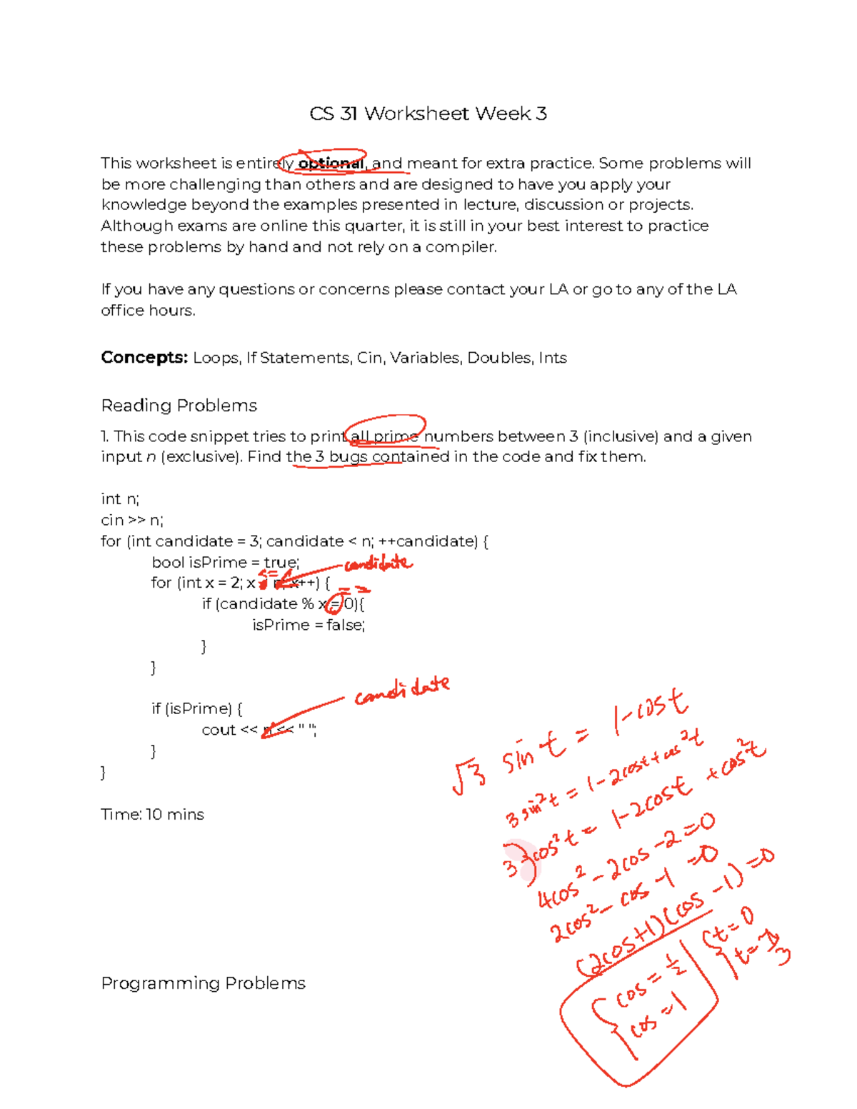 CS 31 - wk3loops - CS31 LA Worksheet 3 - CS 31 Worksheet Week 3 This ...