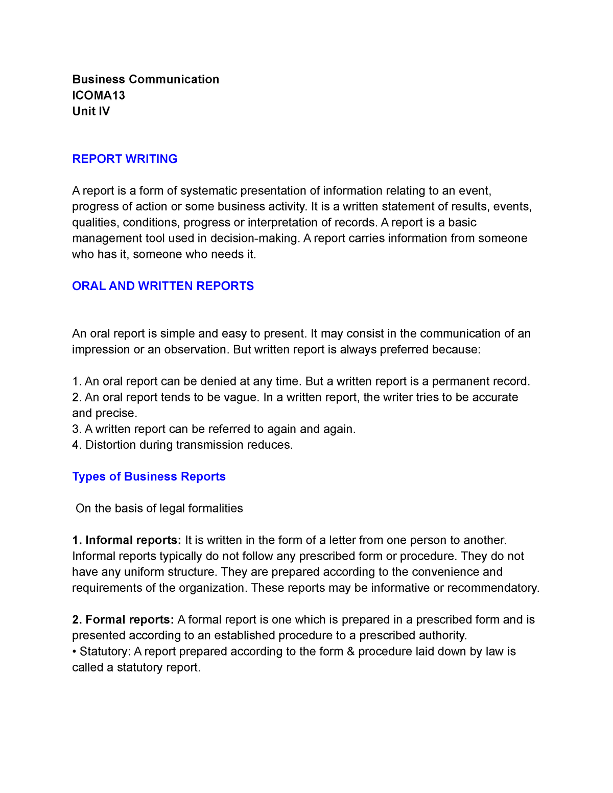 Report Writing Types And Structure Business Communication ICOMA Unit IV REPORT WRITING A 