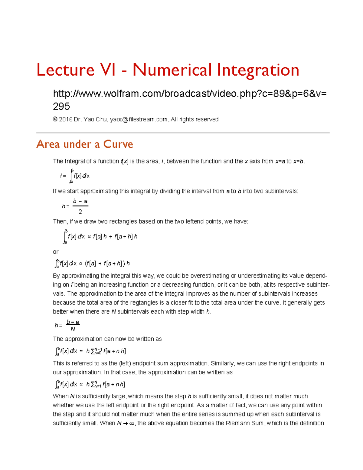 Lecture 6 - Numerical Integration-2 - Lecture VI - Numerical ...