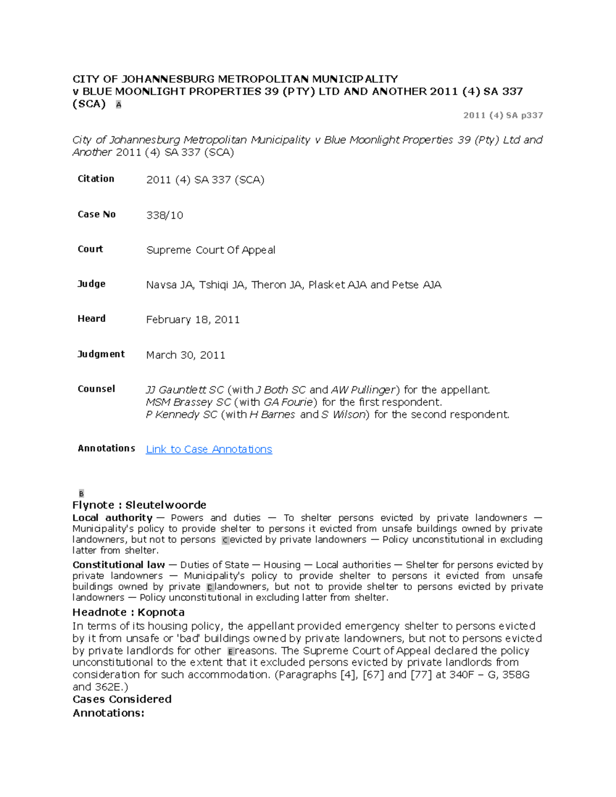 Blue Moonlight SCA case law CITY OF JOHANNESBURG METROPOLITAN