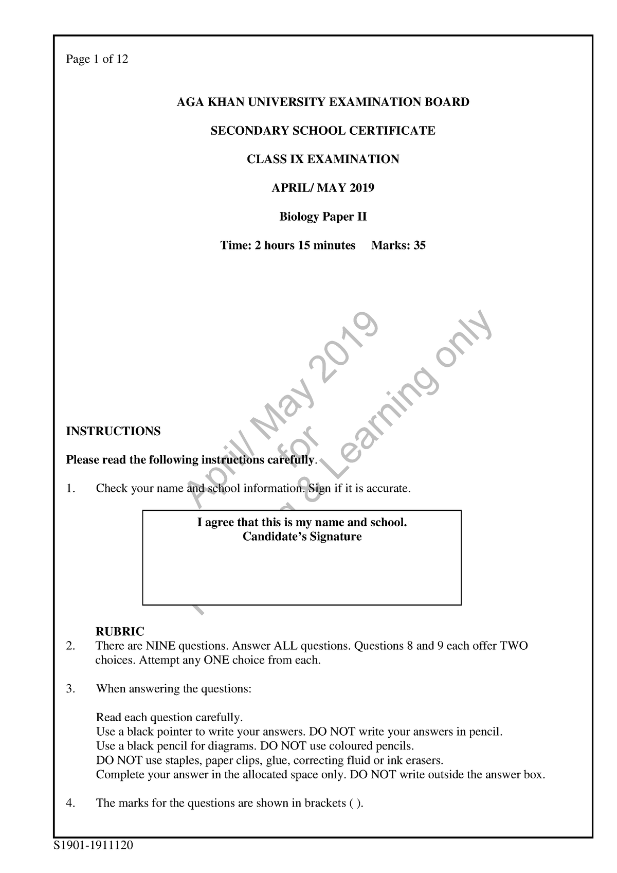 Biology SSC I Paper II - no needed - April/ May 2019 for Teaching ...