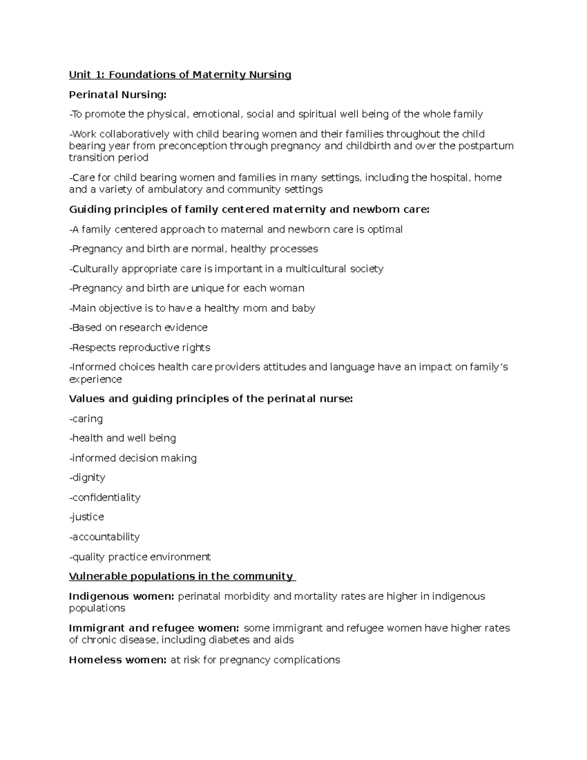 Maternity Unit 1 Notes Unit 1 Foundations of Maternity Nursing