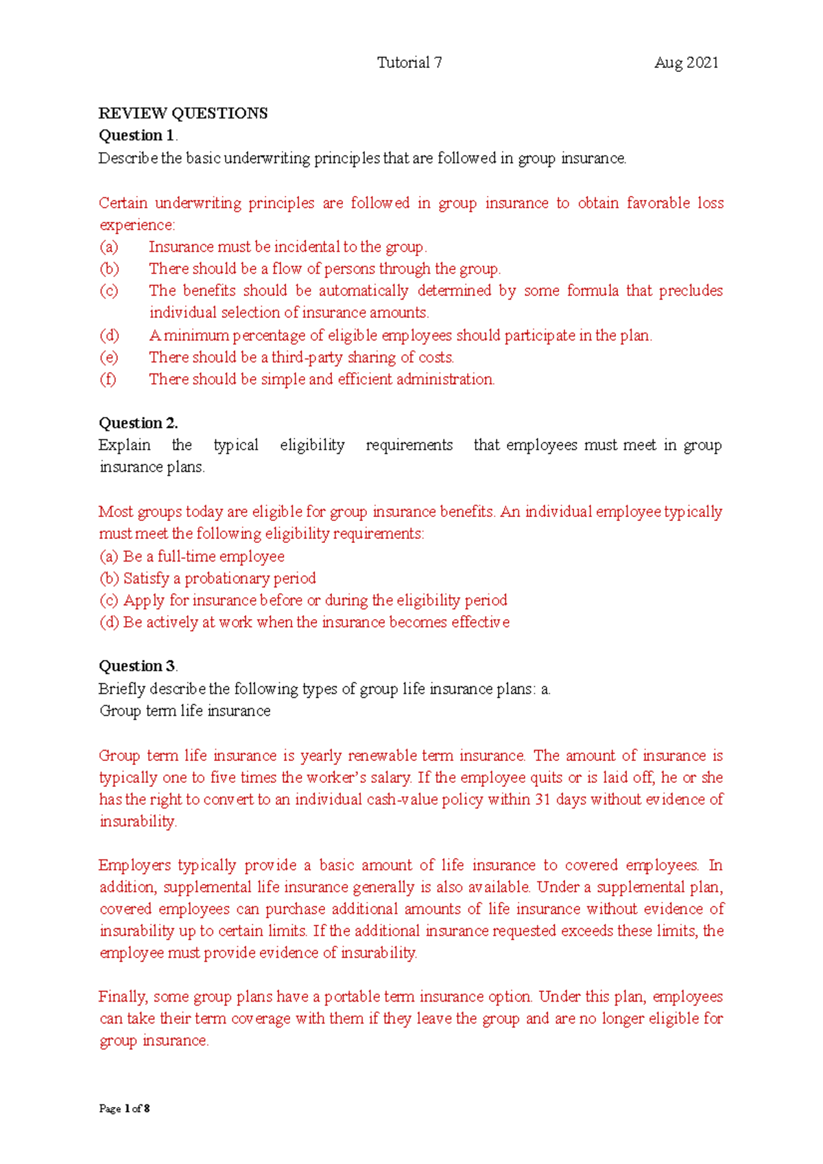 Insurance Practices and Takaful Tutorial 7 - REVIEW QUESTIONS Question ...