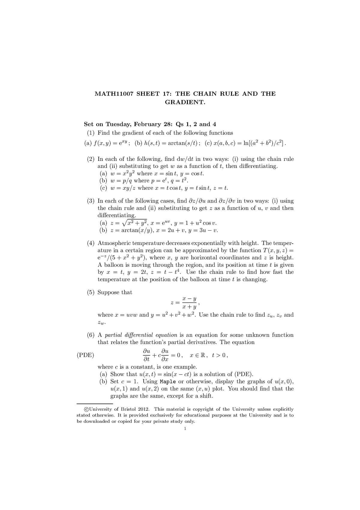 Math 12 13 Problem Sheet 17 The Chain Rule And The Gradient Math Sheet 17 The Chain Rule And The Gradient Set On Tuesday February 28 Qs And Find Studocu