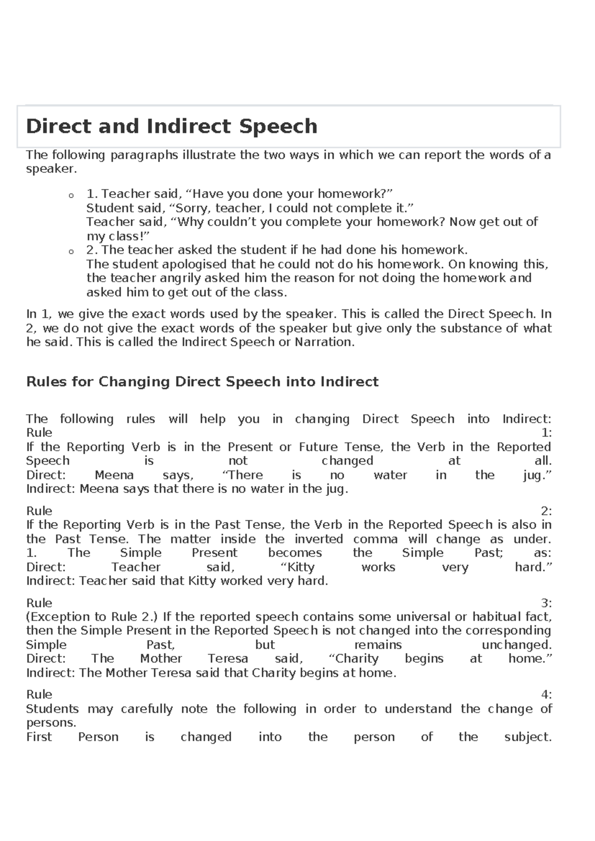 Class 6 Reported Speech and Exercise - Direct and Indirect Speech The ...