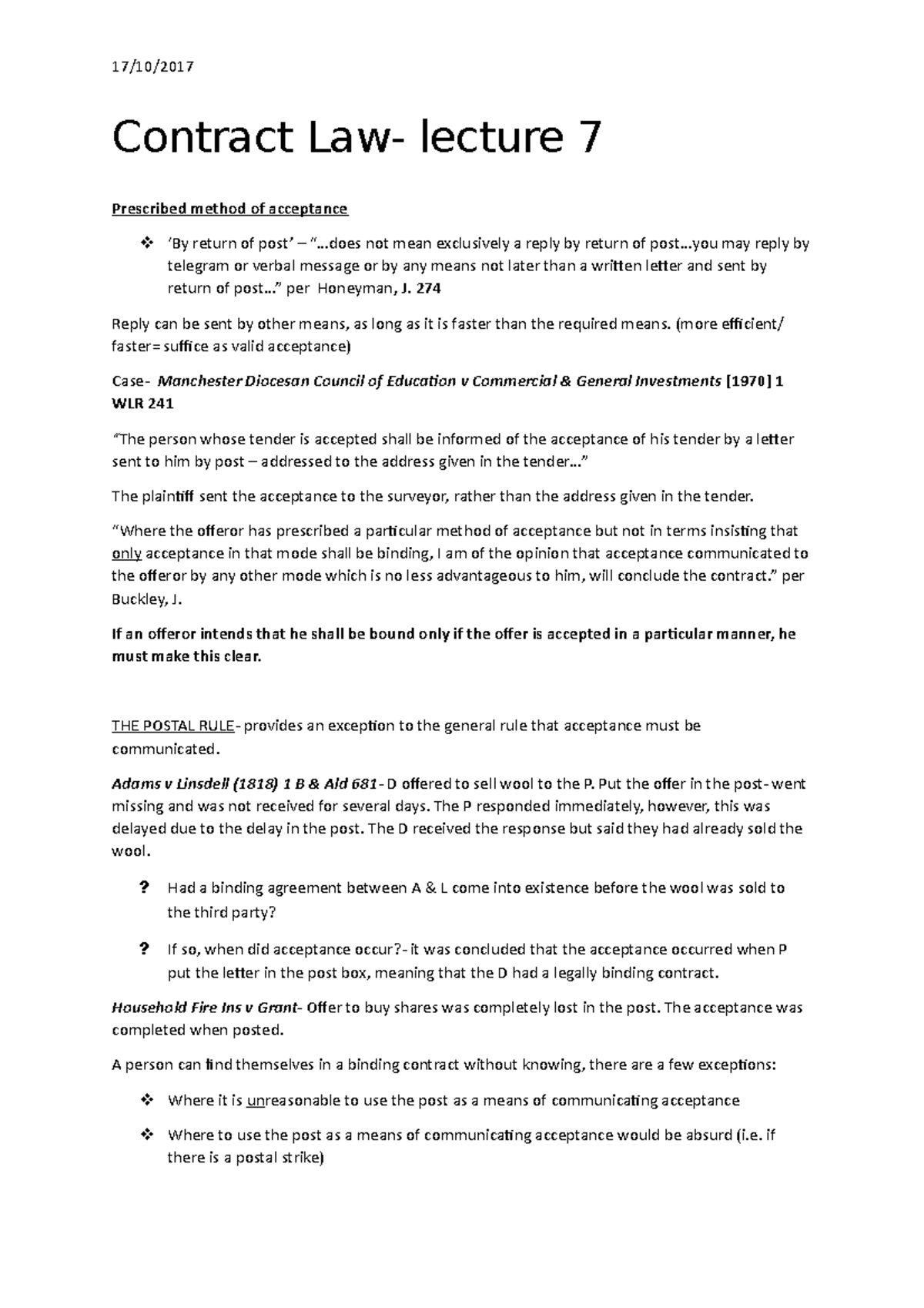 Contract Lecture 7: Prescribed Method of Acceptance and Postal Rule ...