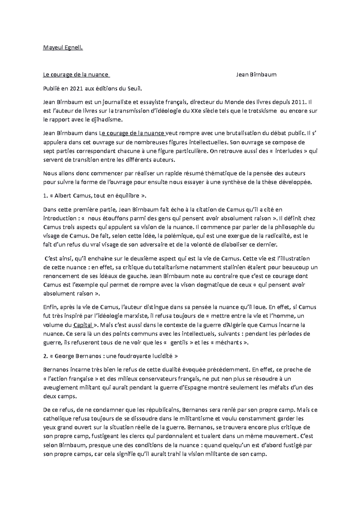 Fiche de lecture. Le courage de la nuance Mayeul Egnell. Le courage