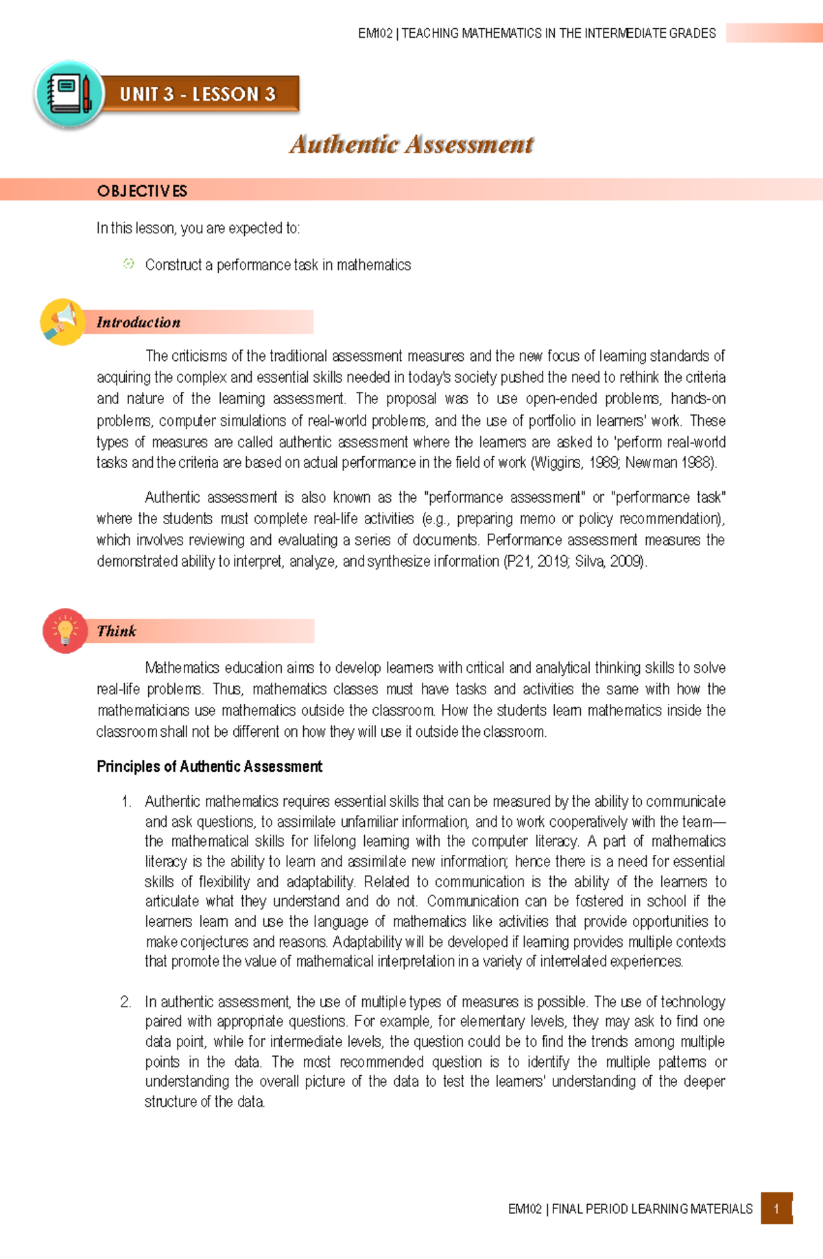 EM102-Unit3-Lesson 3 - Authentic Assessment OBJECTIVES In this lesson ...