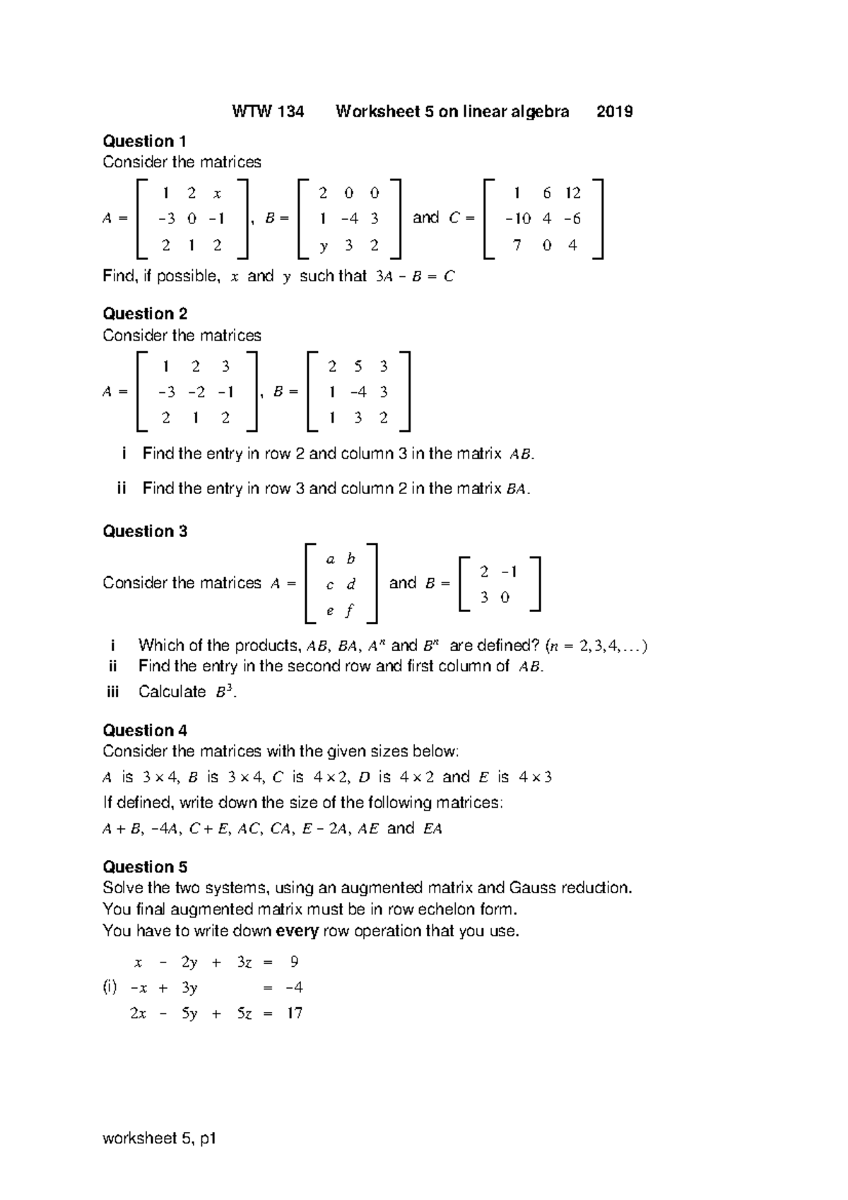 Worksheet-5 - NOTES - WTW 134 Worksheet 5 on linear algebra 2019 ...