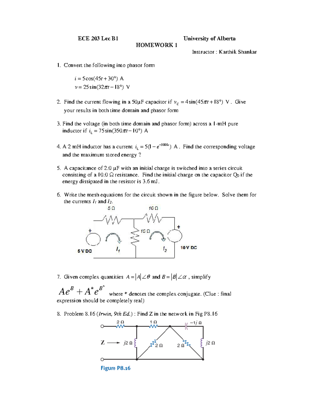 HW#1 - ECE Homework - ECE 203 Lec B1 University Of Alberta HOMEWORK 1 ...