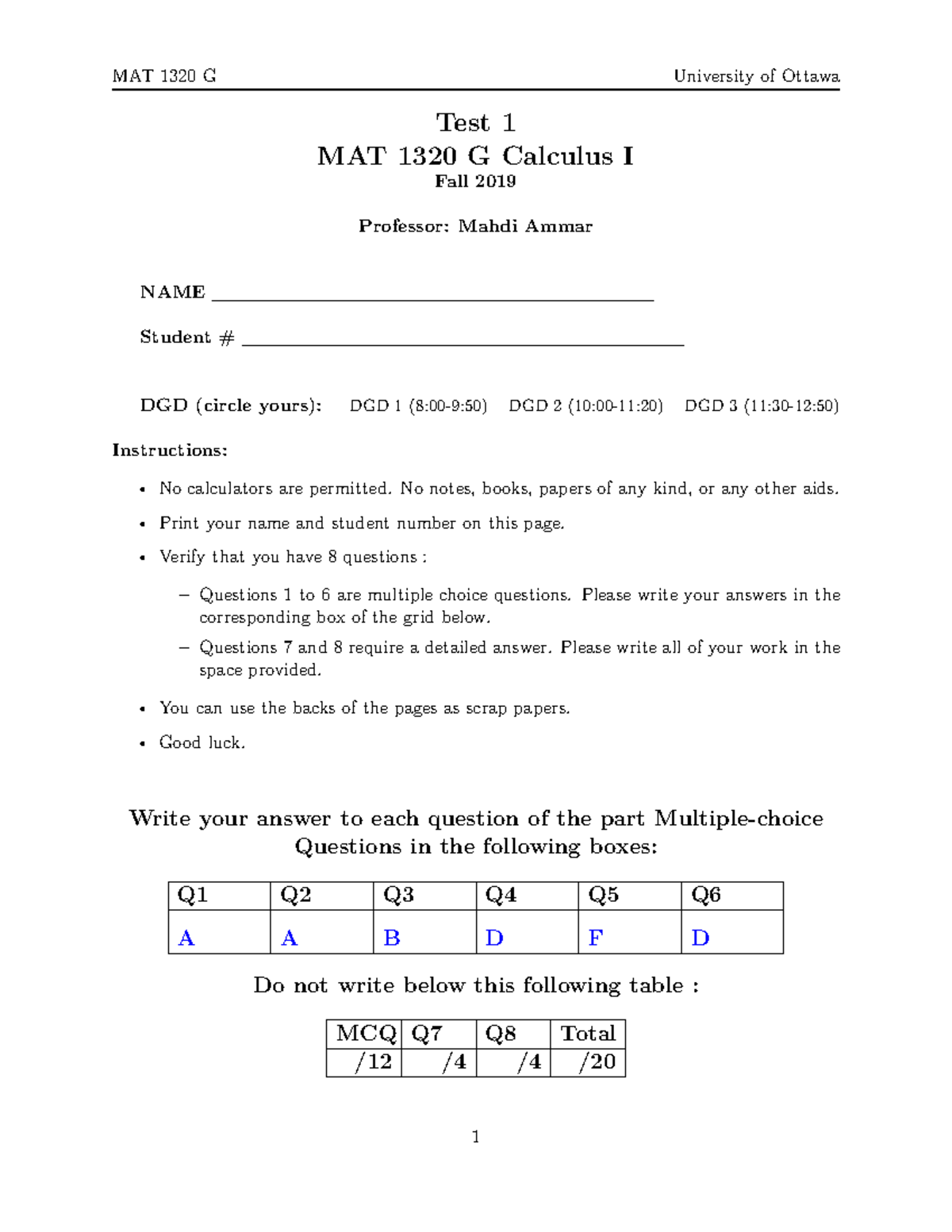 Midterm 1 With Solutions (2019) - Test 1 MAT 1320 G Calculus I Fall ...