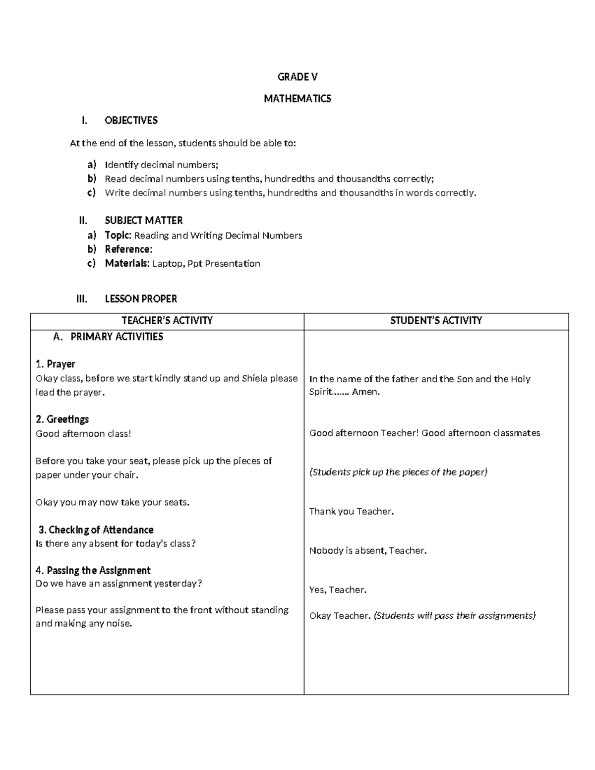 Grade V Lesson plan - need answer - GRADE V MATHEMATICS I. OBJECTIVES ...