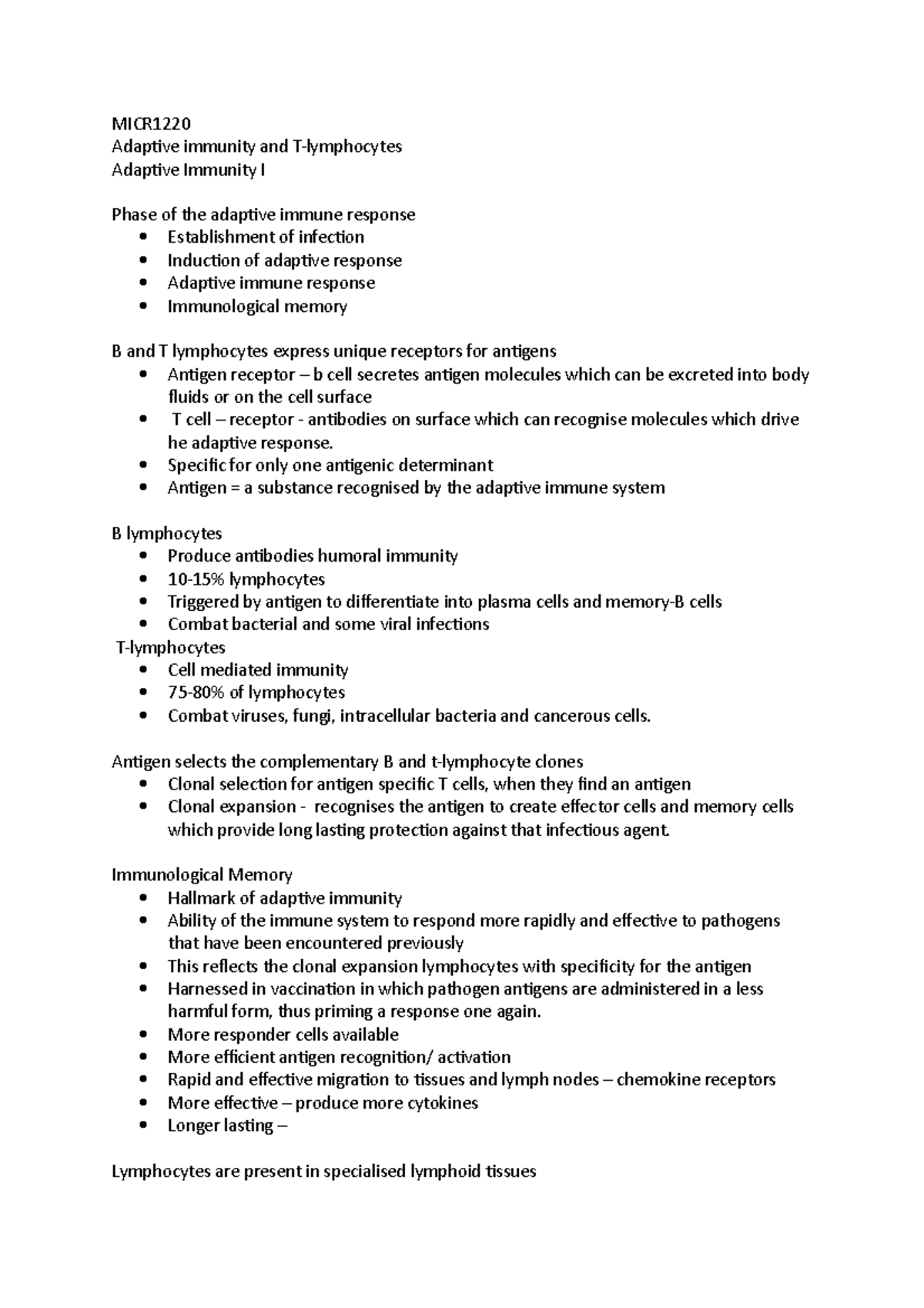 Adaptive immunity - MICR1220 immunology notes - MICR Adaptive immunity ...