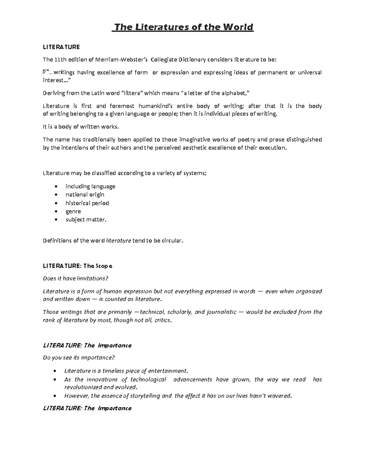 LIT 1 Notes OWRD Docss - LITERATURE The 11th edition of Merriam ...