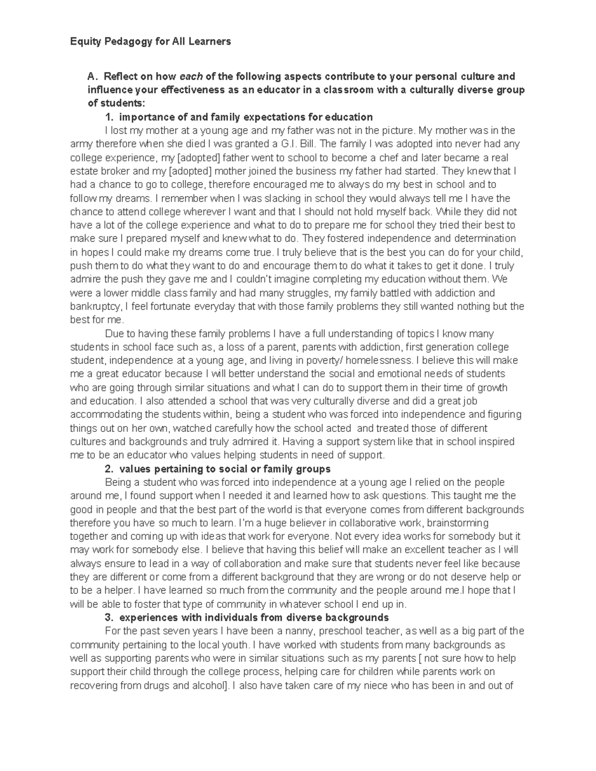 D169 Equity Pedagogy for All Learners - Reflect on how each of the ...