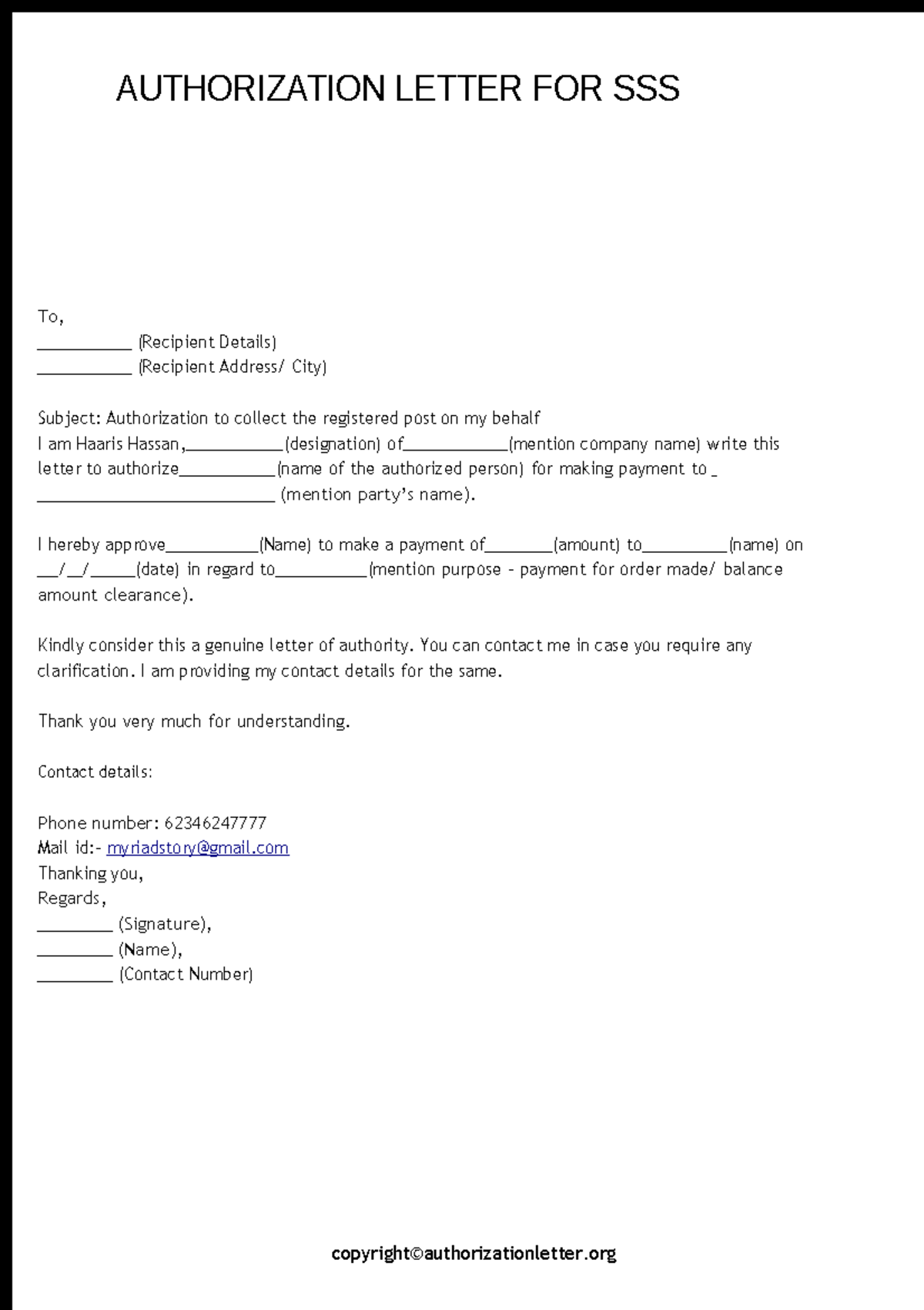 Sample Authorization Letter for SSS Transactions Payment