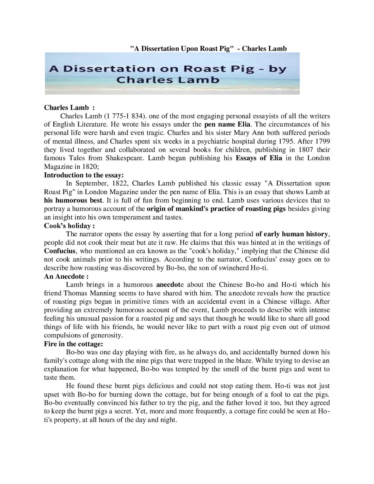 explain the theme of the essay a dissertation upon roast pig
