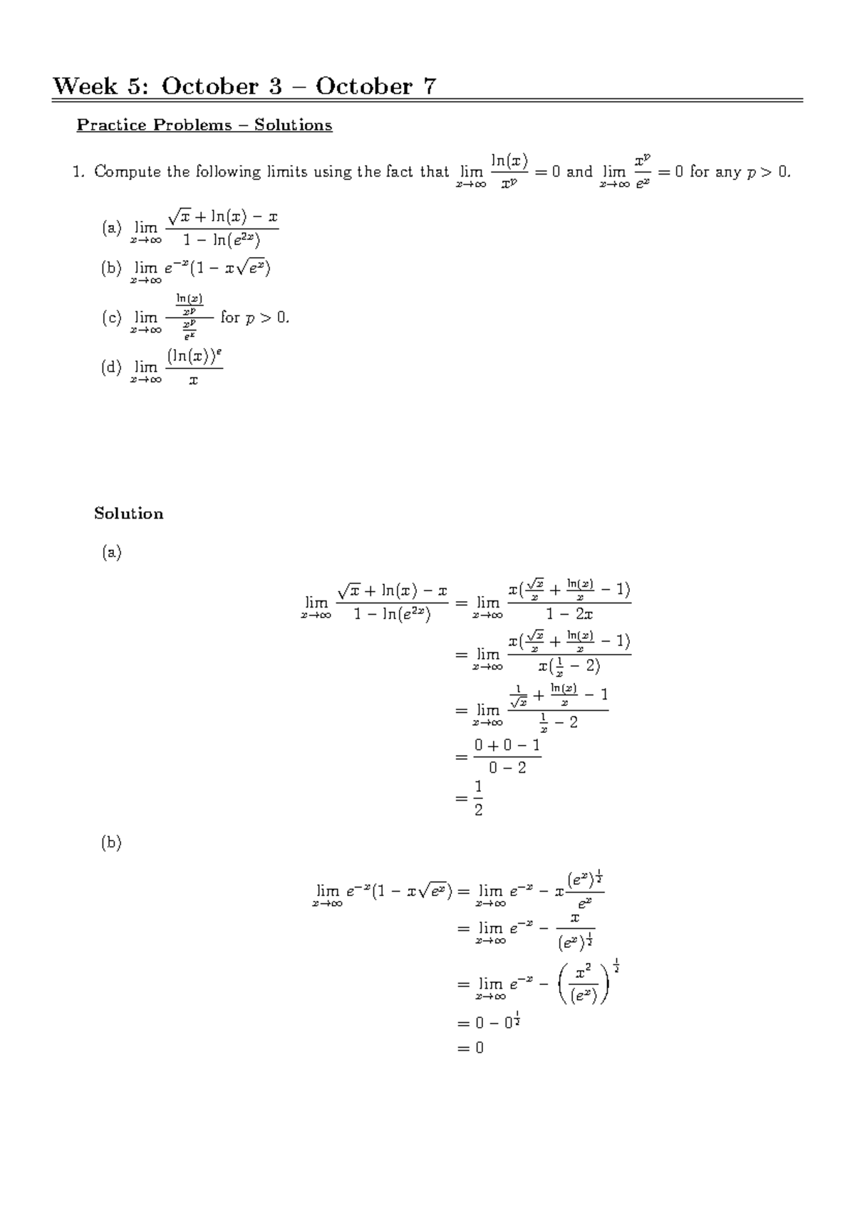 Practice Questions 5- Solutions - Week 5: October 3 – October 7 ...