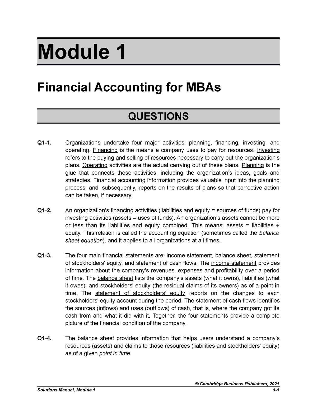 Homework Solutions - Module 1 - Module 1 Financial Accounting for
