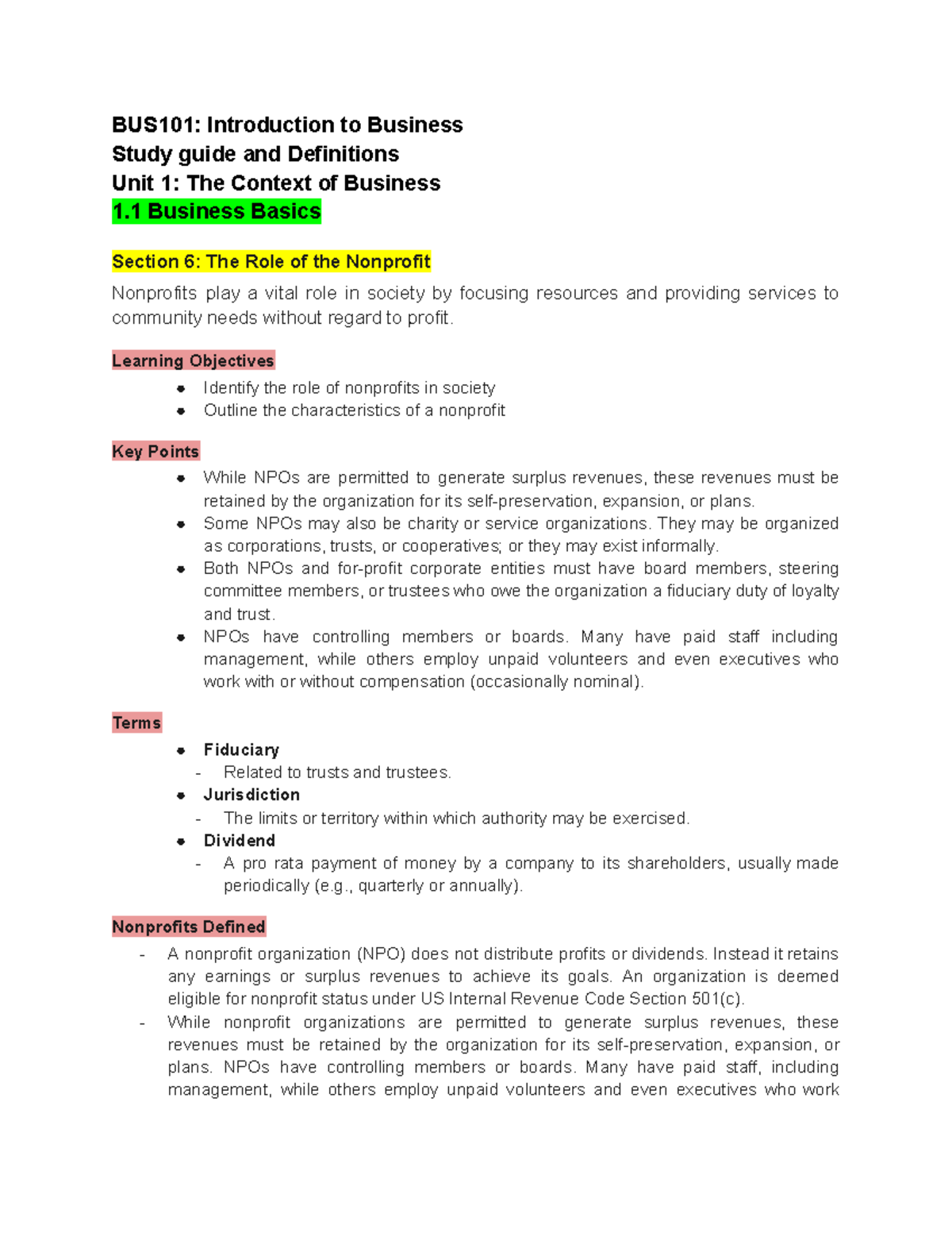 1.1 Business Basics (Section 6 The Role of the Nonprofit) - BUS101 ...