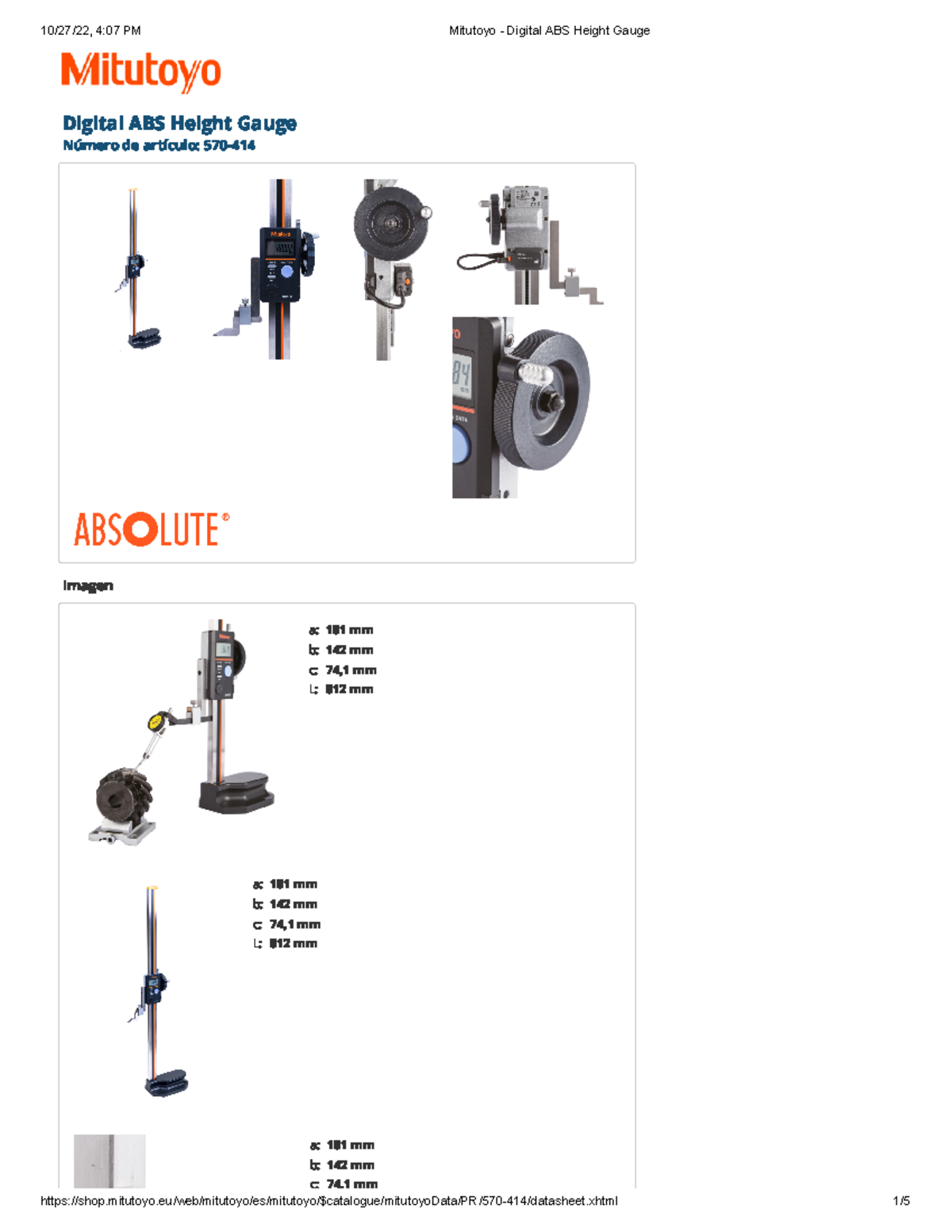 Ficha tecnica - Altimetro - a: 181 mm b: 142 mm c: 74,1 mm L: 812 mm a ...