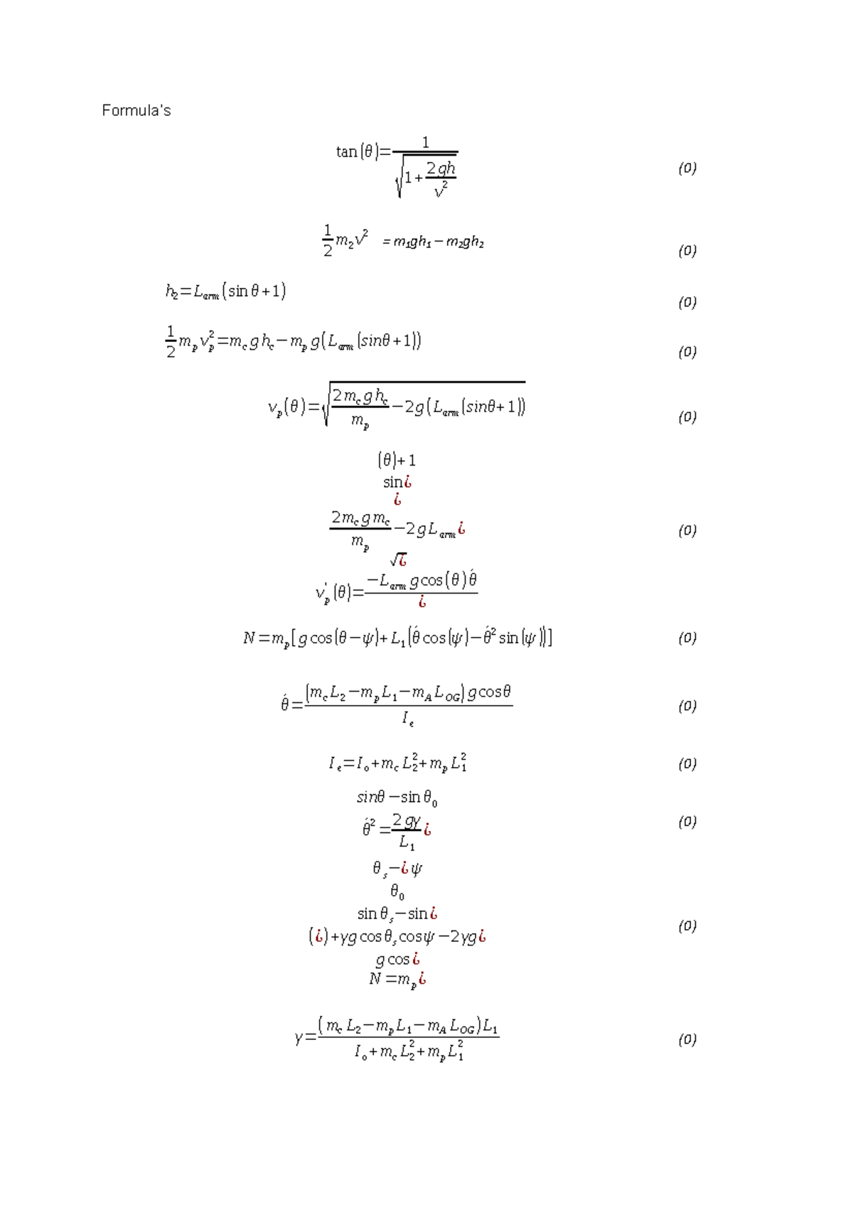 Formulas - College-aantekeningen 1 - Formula’s Tan(θ)= 1 √ 1 + 2 Gh V 2 ...