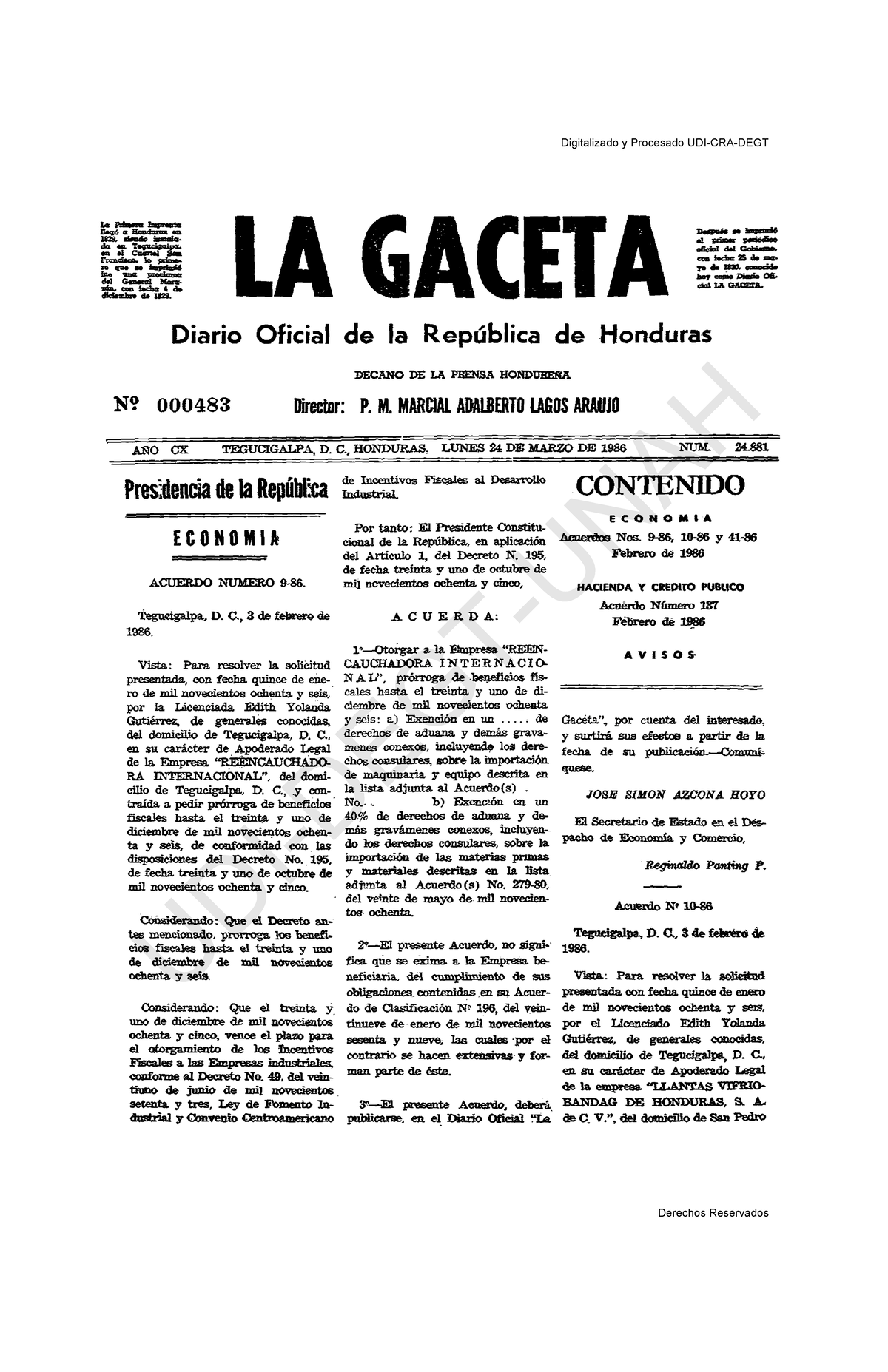 Diario Oficial La Gaceta Honduras 24 - B 9ó A. 1 8 2 3 , Ti Ma «l C U ...