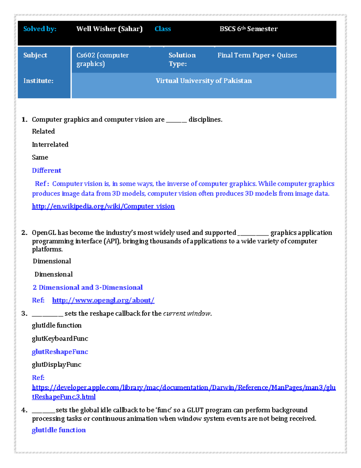 CS602 Final Term MCQZ Sehar - 1. Computer Graphics And Computer Vision ...