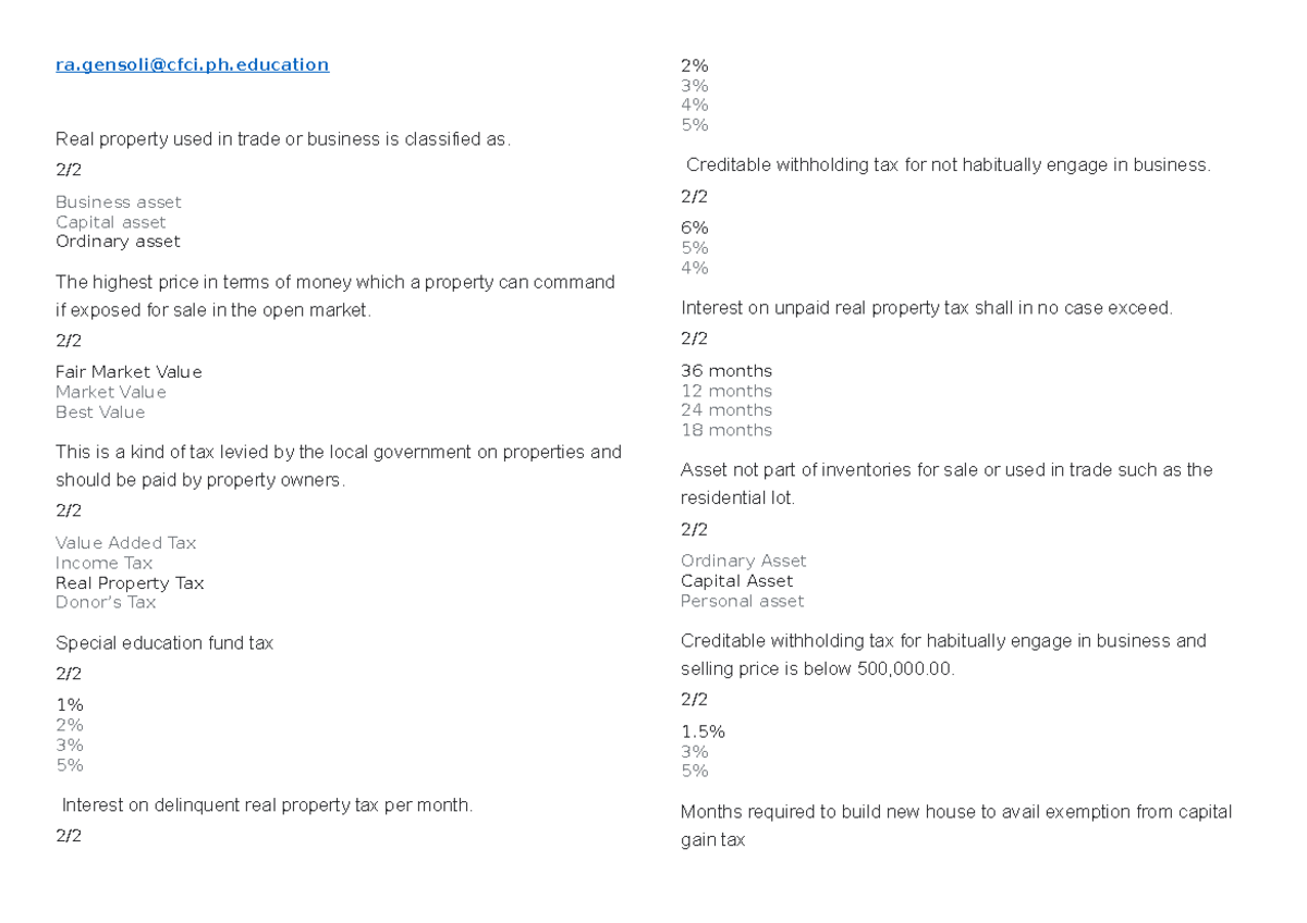 Taxation prelim midterm exam - ra@cfci.ph Real property used in trade ...