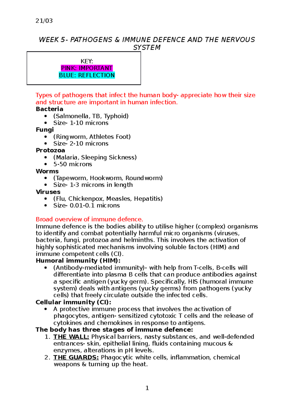 Week 5 - HUBS - WEEK 5- PATHOGENS & IMMUNE DEFENCE AND THE NERVOUS ...