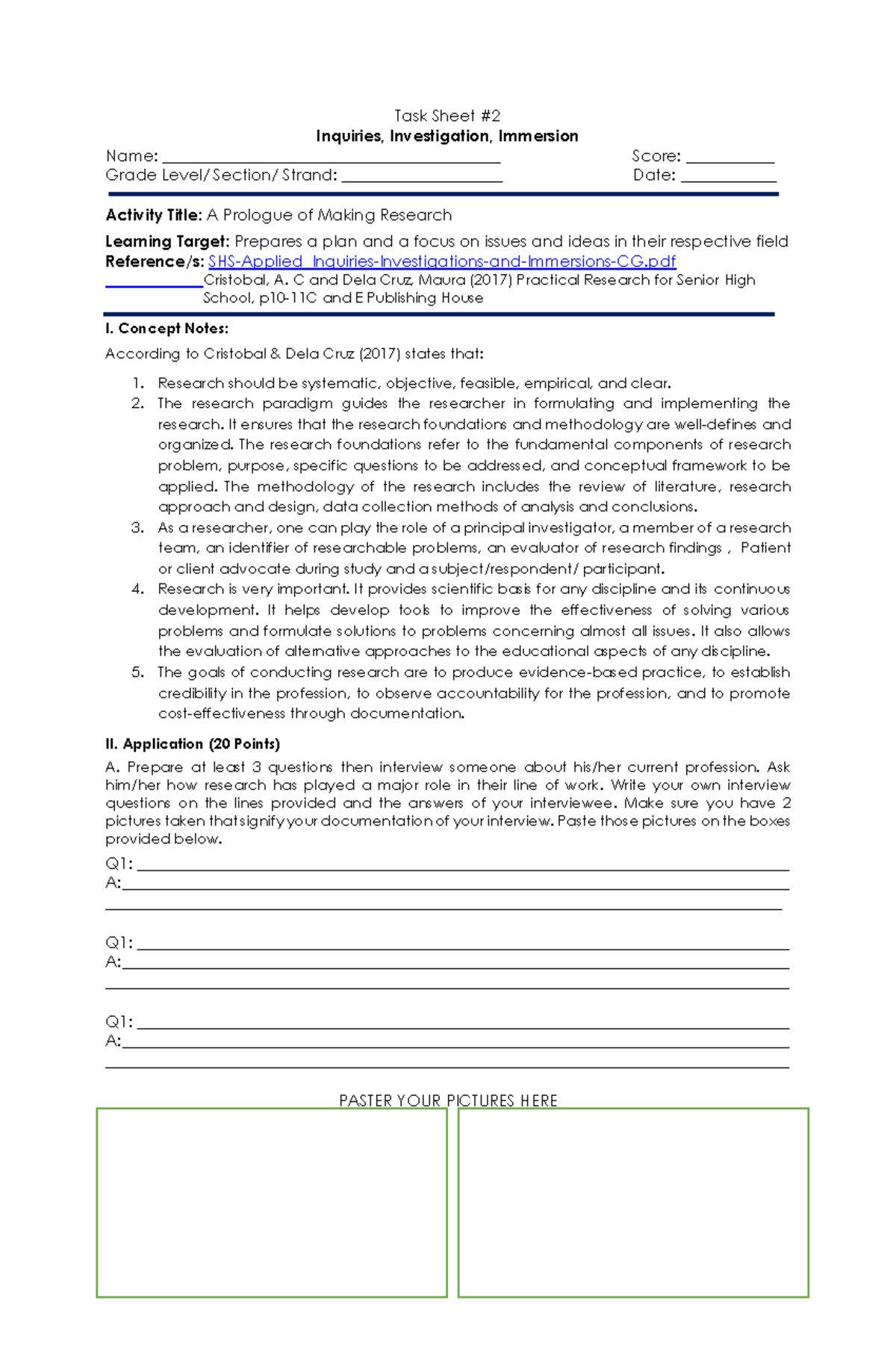 TASK Sheet #2 Inquiries - Task Sheet Inquiries, Investigation ...