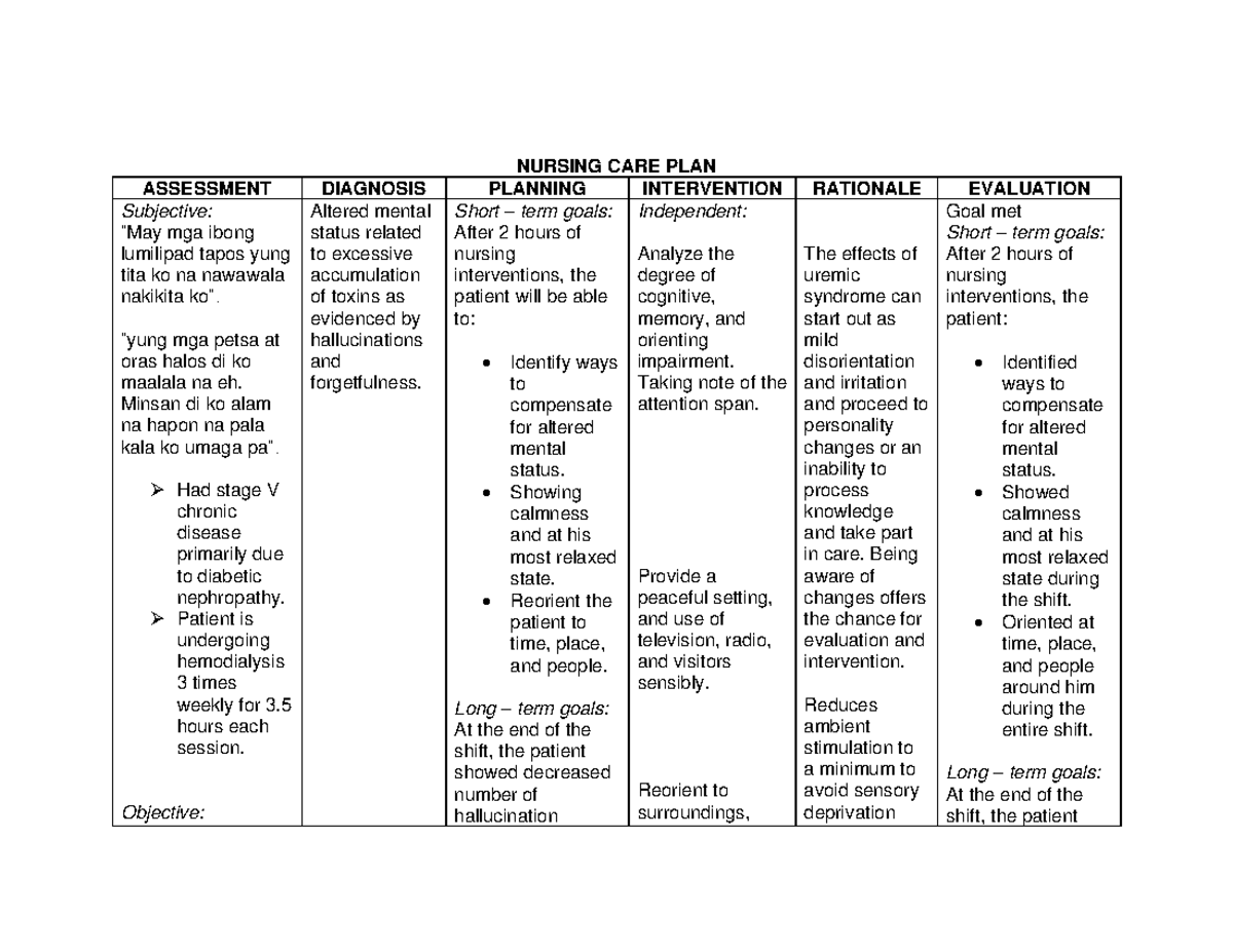 NCP Renal System - NURSING CARE PLAN ASSESSMENT DIAGNOSIS PLANNING ...