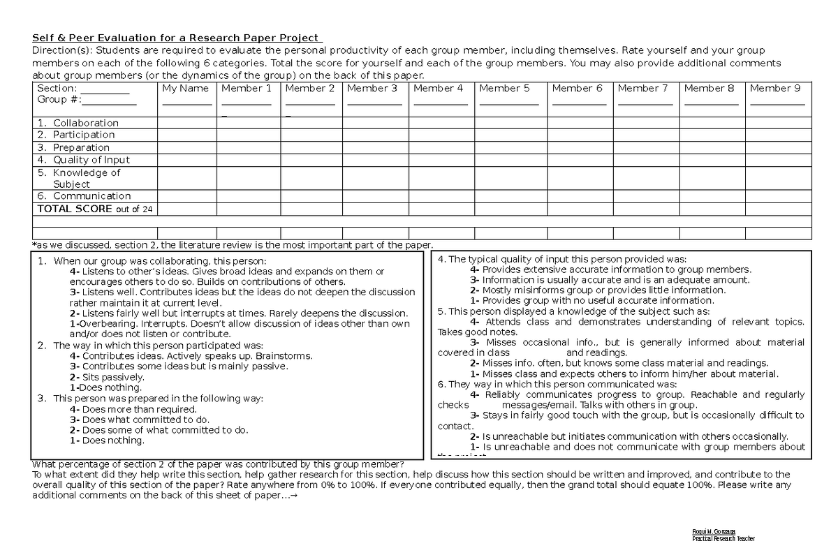 Peer Evaluation Form for a Research Paper Project - Roqui M. Gonzaga ...